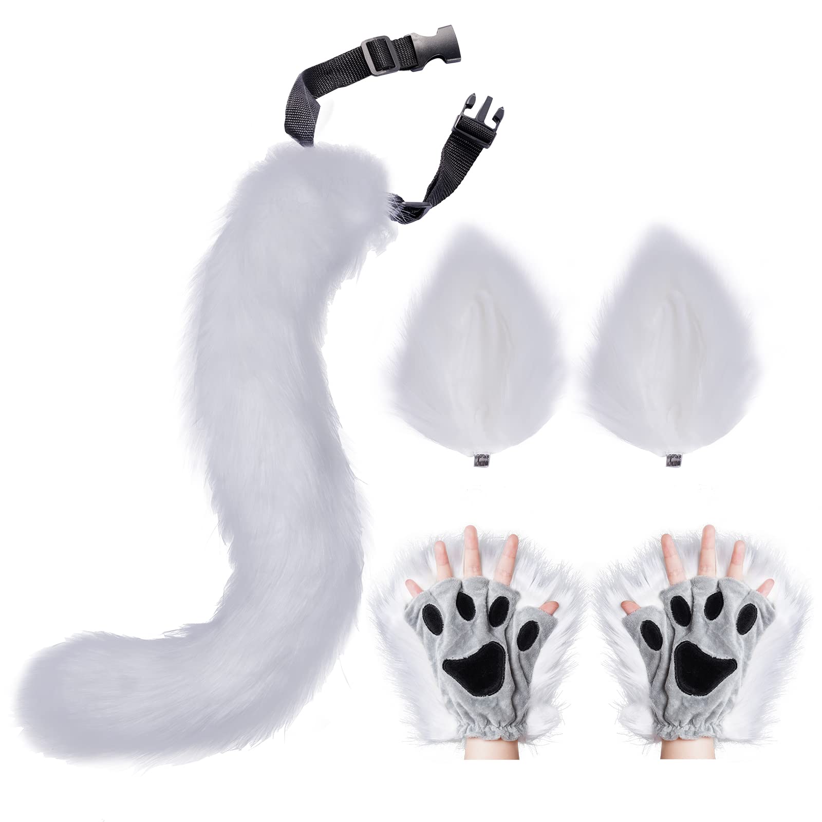 Faux Fur Wolf Fox Tail Hair Clips with Ears & Gloves Set - Halloween Christmas Cosplay Costume Accessories for Party Dress Up & Role Play