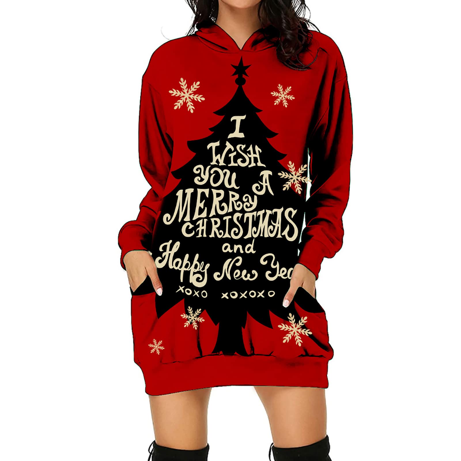 Qunpeng Women's Hooded Sweatshirt Dress - Long Sleeve O-Neck Pocket Dress with Gold Christmas Tree & Reindeer Print - Cozy Winter Outfit for Holiday Parties, Christmas Gatherings & Casual Wear