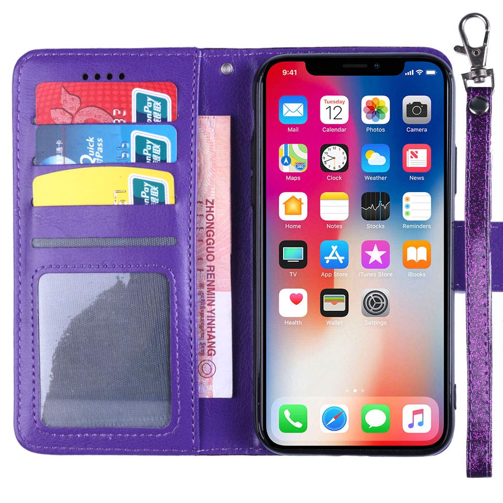 ASUWISH Samsung Galaxy S6 Edge Case with Tempered Glass Screen Protector - Wallet Phone Cover with Card Holder & Kickstand | Glitter Purple Protective Case for Galaxy S6 Edge/6S/6/6 Edge | Perfect for Daily Use, Travel & Hands-Free Viewing