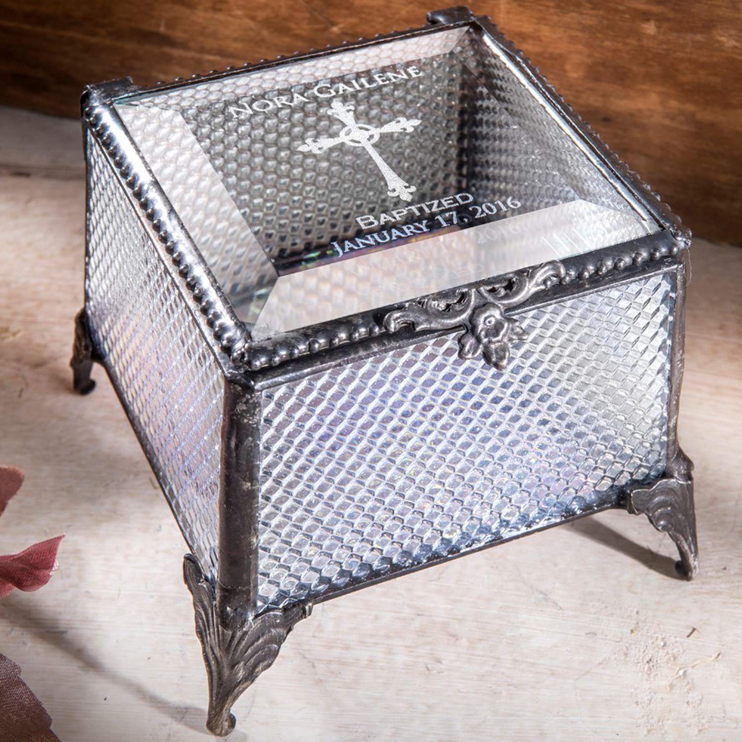 Personalized Baptism Gift for Girls - Engraved Clear Glass Jewelry Keepsake Box with Devlin Box 825 EB222 Design - Perfect for Christening, First Communion & Special Occasions