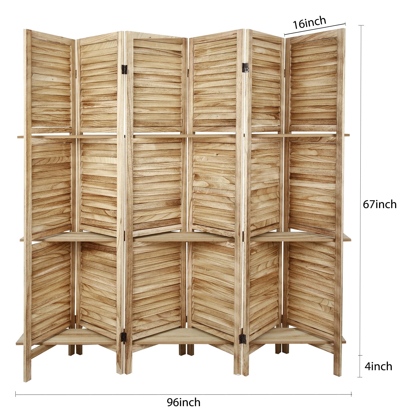 ECOMEX 6 Panel Wood Folding Room Divider Screen with Shelves - Freestanding Partition with Display Shelves, Easy to Move (Natural Color) - Perfect for Home Office, Living Room & Bedroom Privacy