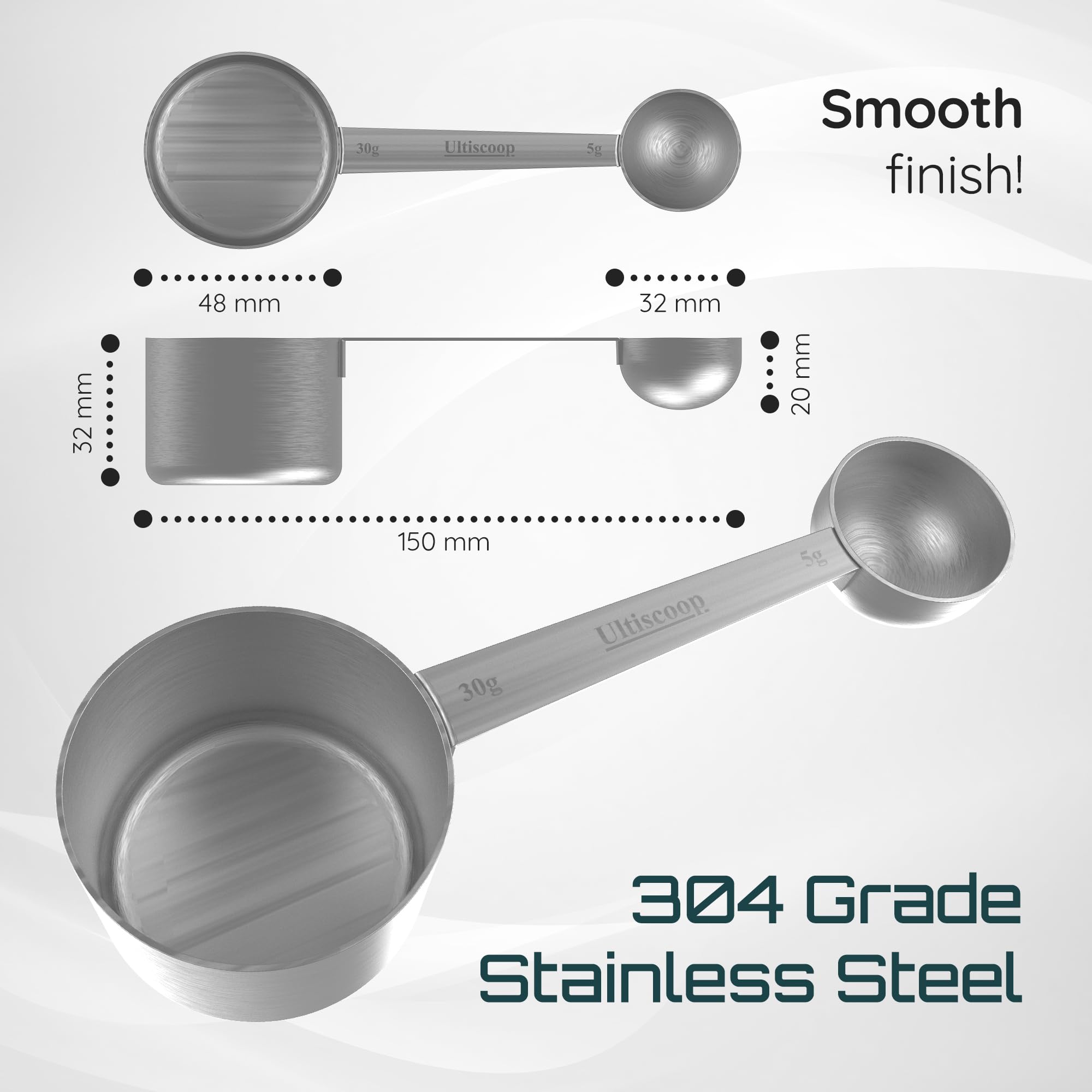 Dual-Sided Stainless Steel Protein Scoop 30g & 5g - Precision Measuring Spoon for Creatine, Pre-Workout, Protein Powder - Perfect for Coffee, Spices, Baking & Cooking - Ideal for Kitchen, Gym & Supplement Use