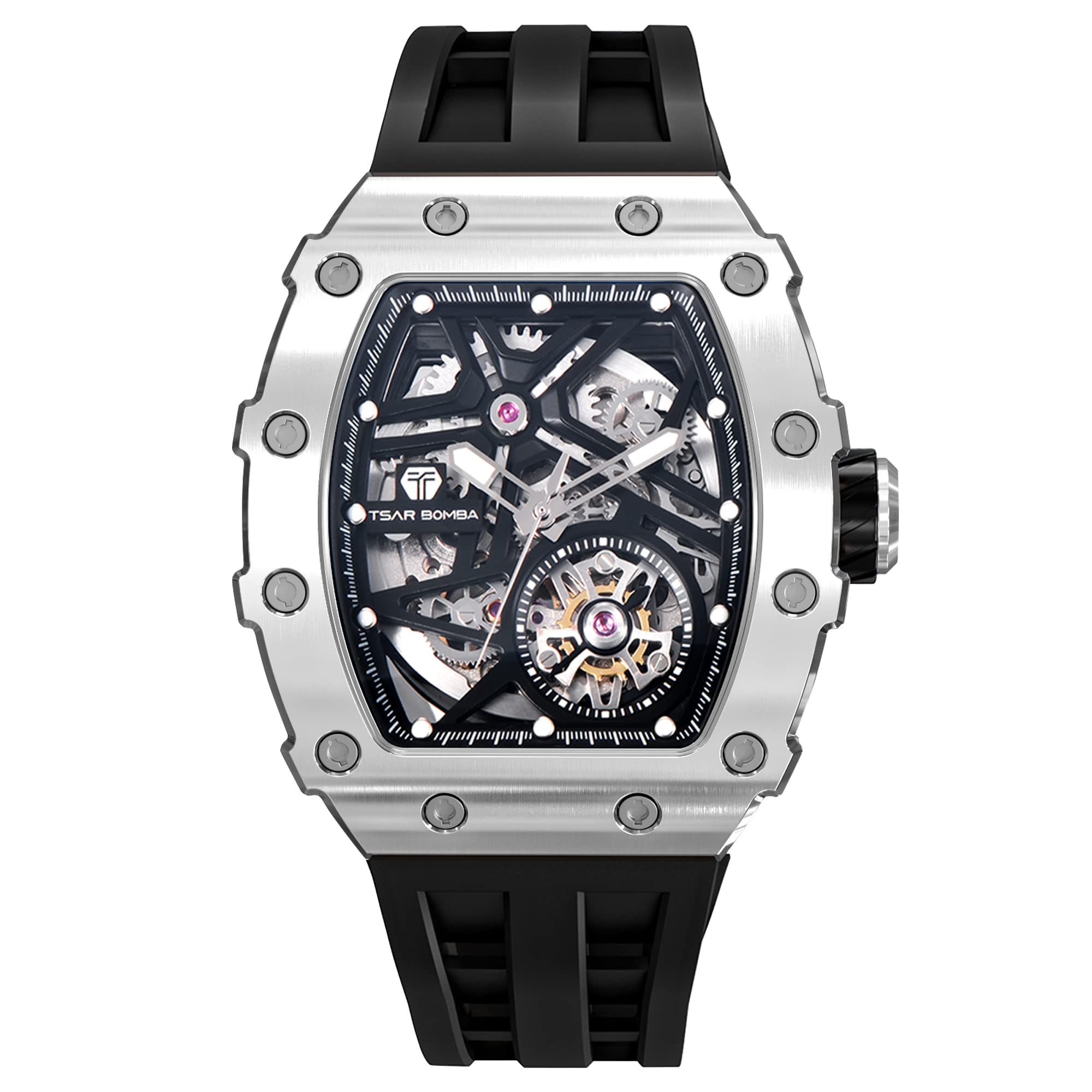 TSAR BOMBA Men's Automatic Skeleton Watch - Luxury Tonneau Design, 50M Waterproof, Silver Square Big Face with Silicone Strap - Perfect for Business, Formal Events & Everyday Wear