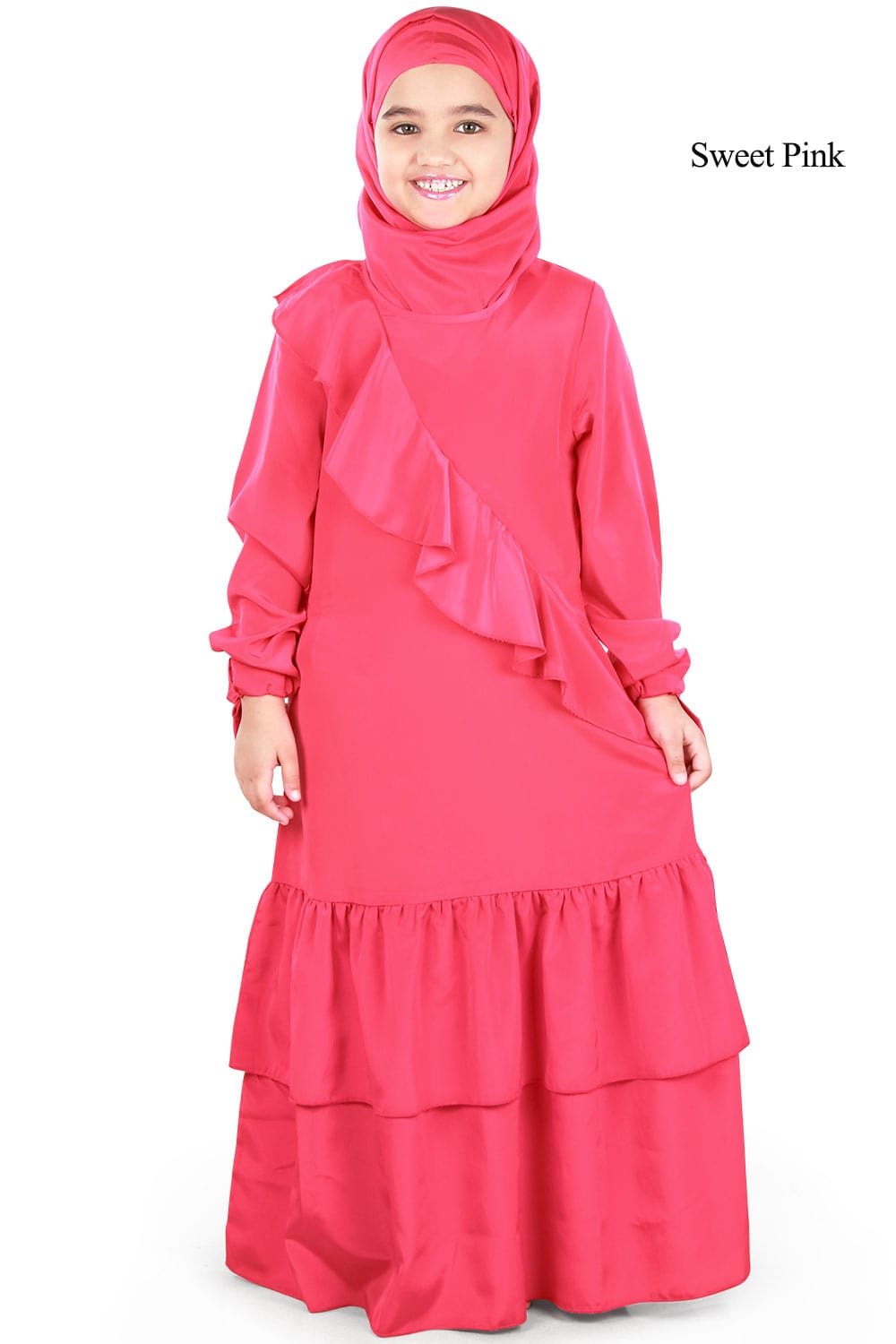 Sweet Pink Girls' Abaya Burqa Maxi Dress for Special Occasions - Elegant Islamic Gown for Kids (AY-586-K) | Perfect for Eid, Weddings & Religious Ceremonies