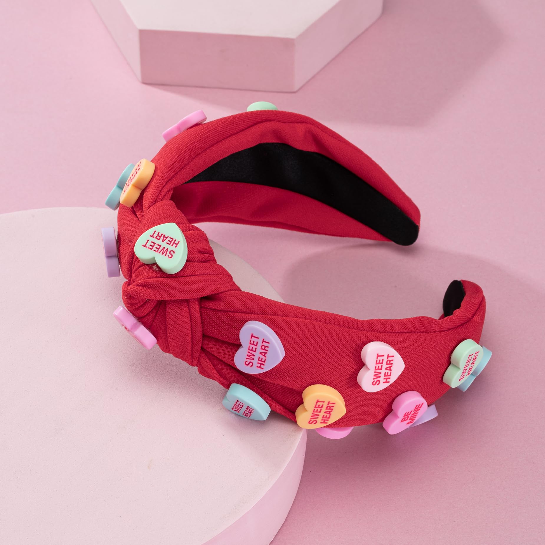 **Valentine's Day Heart Candy Embellished Red Headband - Love Heart Charm Knotted Non-Slip Wide Top Knot Hairband for Women | Perfect for Valentine's Gifts, Date Nights & Romantic Occasions (Red)**