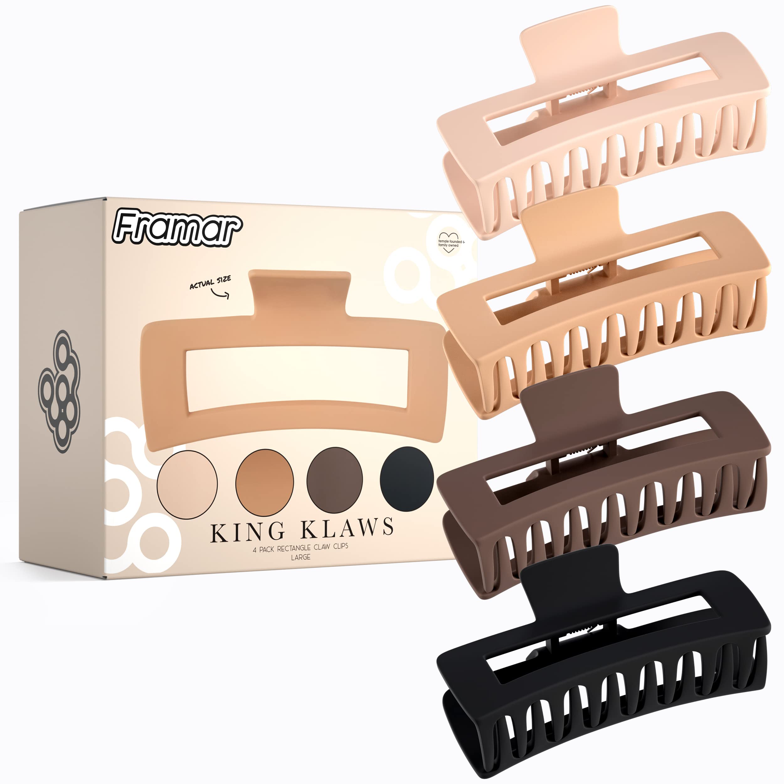 FRAMAR Extra Large Claw Clips for Thick Hair - 6 Pack Strong Hold Non-Slip Matte Hair Claws for Women, Perfect for Ponytails, Buns and Updos - Hair Accessories for Daily Use, Workouts and Beach Days