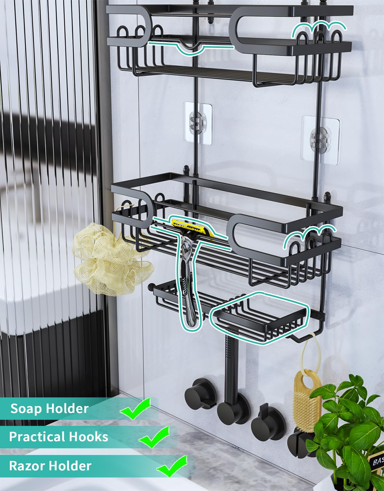 Rustproof Waterproof Hanging Shower Caddy - 12 Hooks & 2 Soap Holders No Drill Bathroom Organizer - Black | Space Saving Shower Storage for Small Bathrooms & Dorm Showers