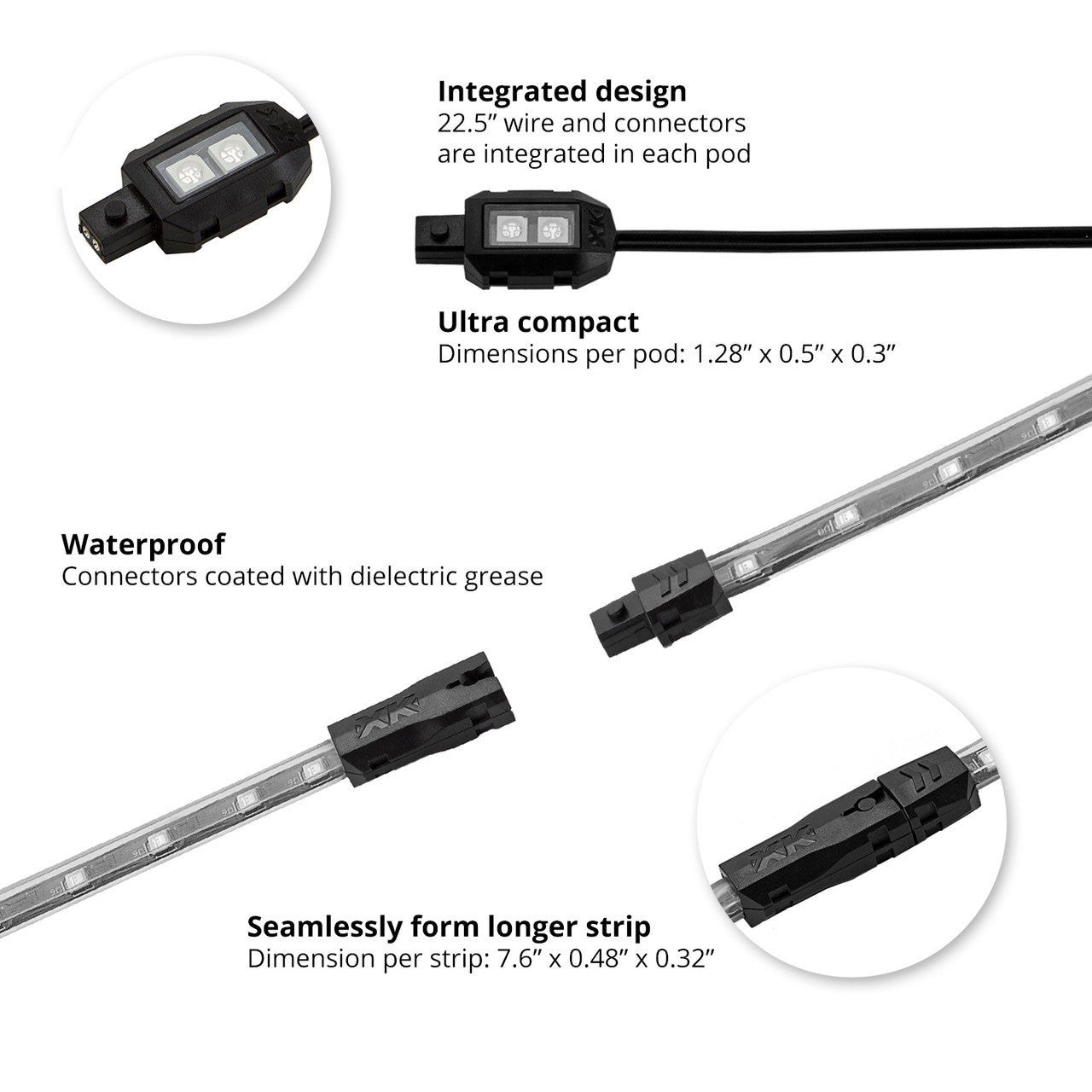Motorcycle LED Accent Light Kit - 8 Pods & 2 Strips Single Color for Custom Bike Lighting | Enhance Night Riding Safety & Style