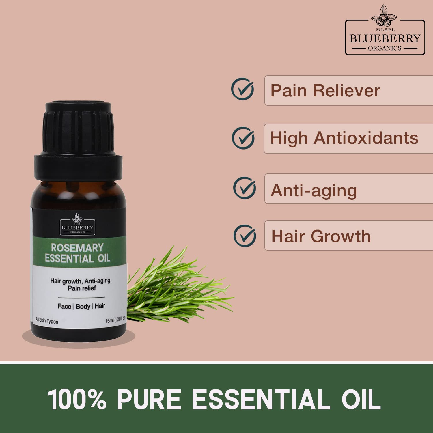 MLSPL BLUEBERRY ORGANICS Rosemary Essential Oil - 100% Pure Therapeutic Grade, USDA Certified Organic, 15ml Bottle | Aromatherapy, Massage, Skin & Hair Care | Perfect for Diffusers, DIY Beauty & Relaxation