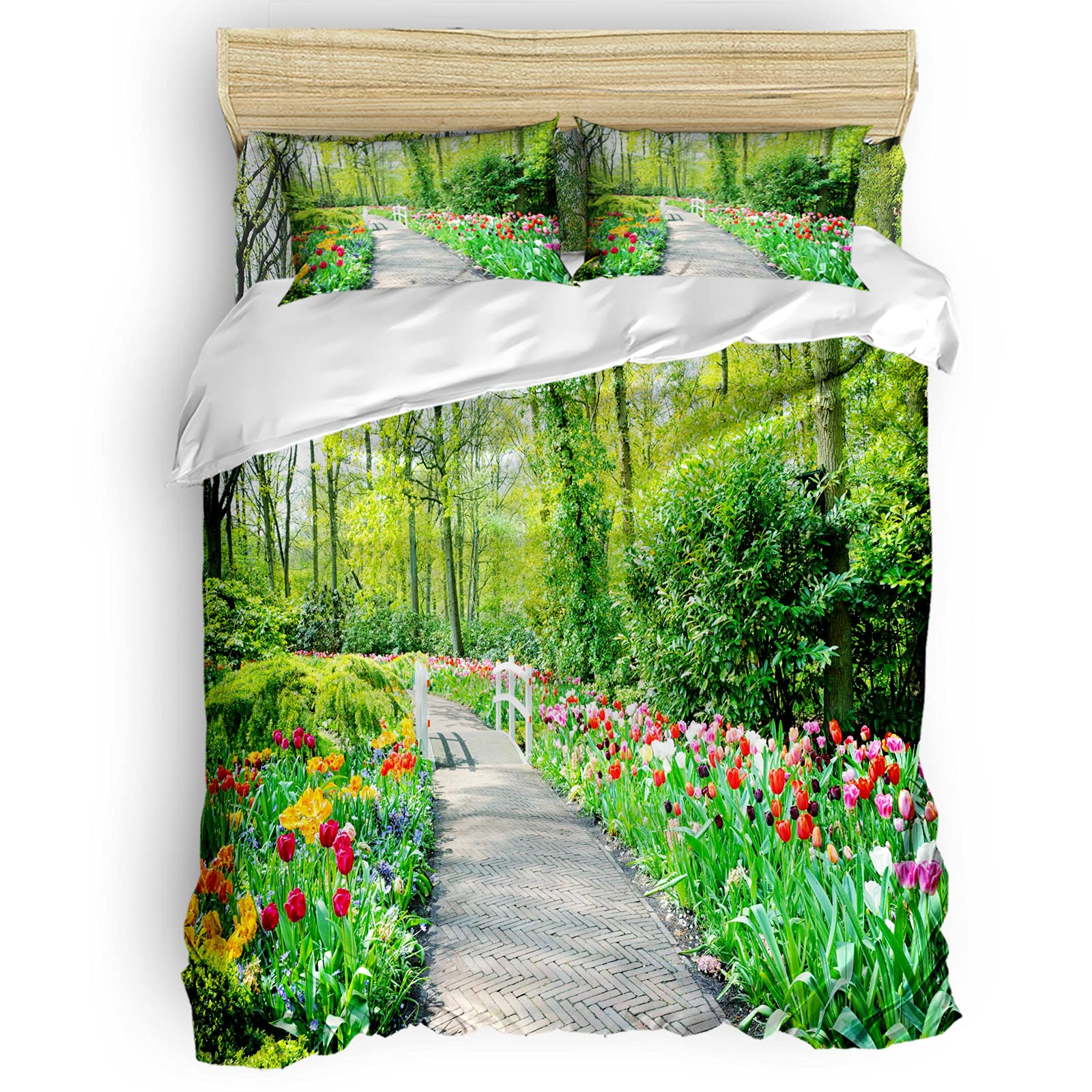 Cal King Duvet Cover Set - 4 Piece Lightweight Microfiber Bedding with Natural Forest Trail & Green Floral Design, Soft Comfortable for Adults & Teens - Perfect for Cozy Bedrooms, Guest Rooms & Dorm Decor