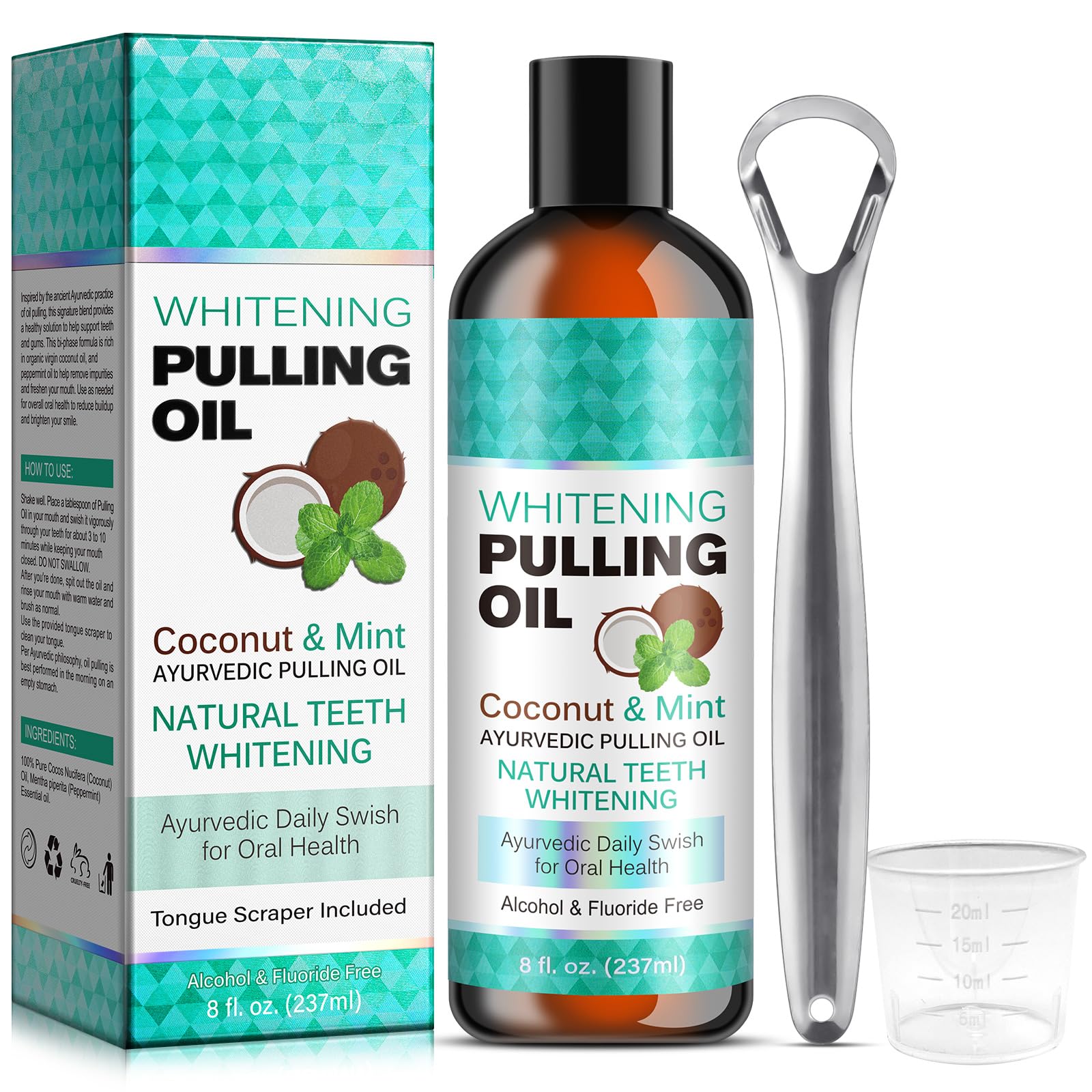 Organic Coconut Oil Pulling & Tongue Scraper Kit - Peppermint Essential Oil Mouthwash for Fresh Breath, Teeth Whitening & Gum Care (120ml) | Alcohol-Free, Natural Oral Hygiene Solution for Morning Routine & Dental Wellness
