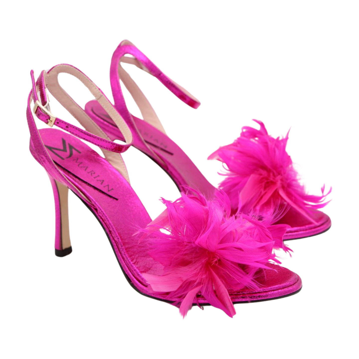 **Marian Pink Heeled Sandals with Feather Trim – Elegant Women's Party Shoes for Weddings, Prom & Evening Events**