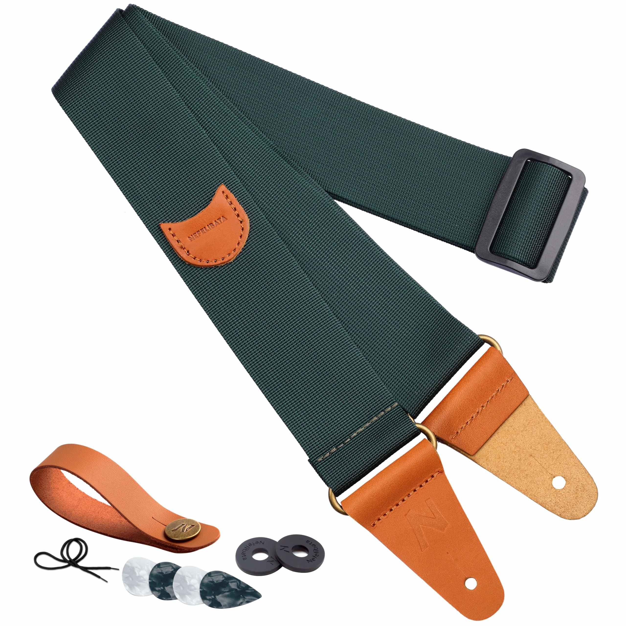 Premium Nylon Guitar Strap with Leather Ends & Pick Pocket - Compatible with Bass, Electric & Acoustic Guitars - Includes Free Strap Button, Strap Locks (1 Pair) & 4 Guitar Picks (Green) - Perfect for Live Performances, Studio Sessions & Practice