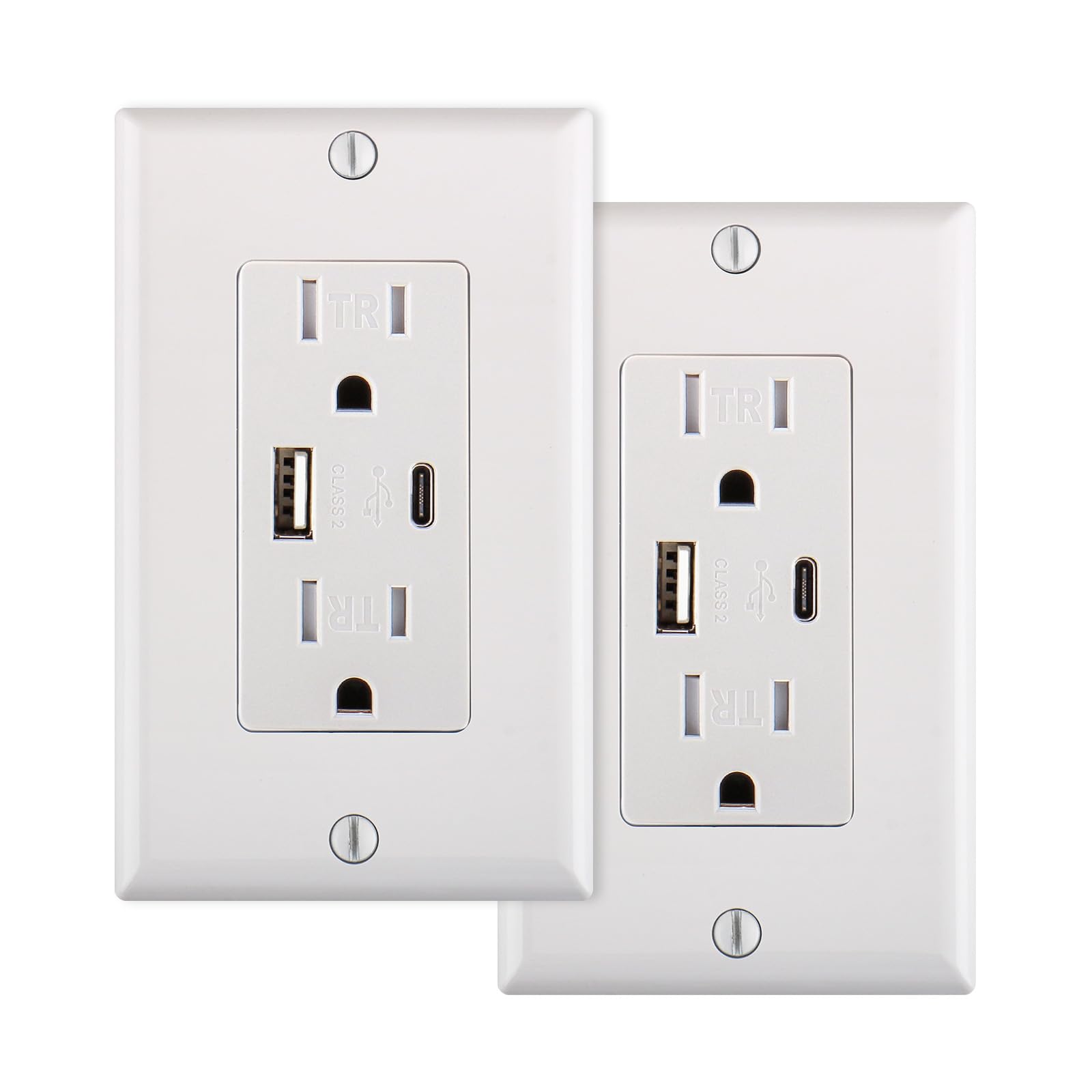 2-Pack USB Outlet Receptacles with USB-C & USB-A Ports - 15A/125V AC, 4.2A Fast Charging - ETL Listed Electrical Socket with Wall Plate (White) - Perfect for Bedrooms, Kitchens & Home Offices