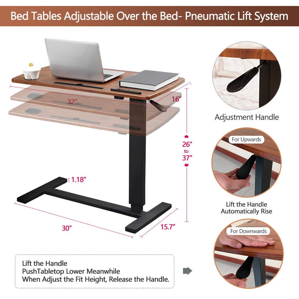 Adjustable Overbed Table with Wheels & USB Port - Hospital Bed Table, Pneumatic Height Adjustable for Home & Medical Use - Walnut & Marble White Finish - Perfect for Eating, Working, Reading in Bed or Recovery