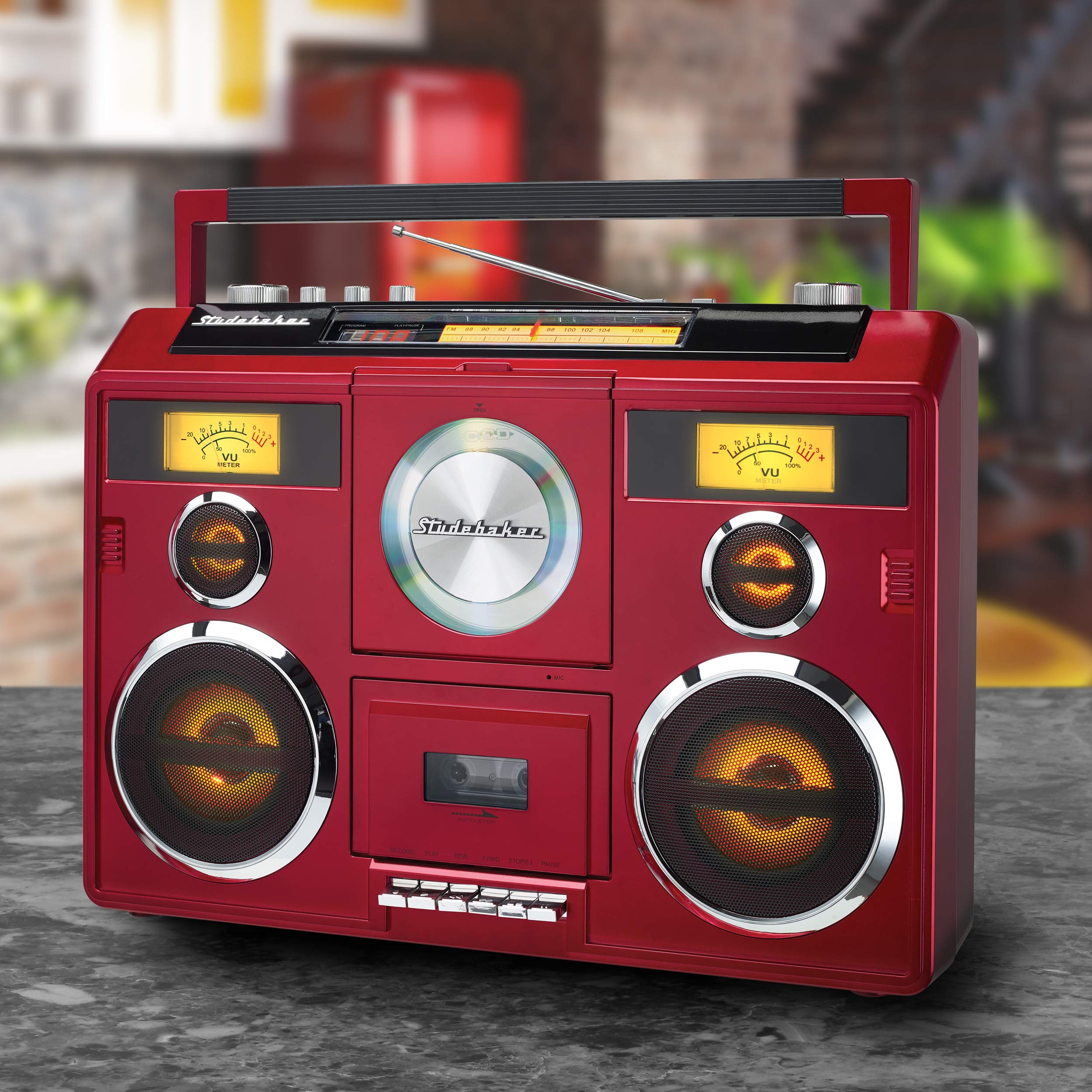 Portable Bluetooth Stereo System with CD Player, AM/FM Radio & Cassette Recorder - Red | Wireless Music Streaming for Home, Office & Outdoor Parties