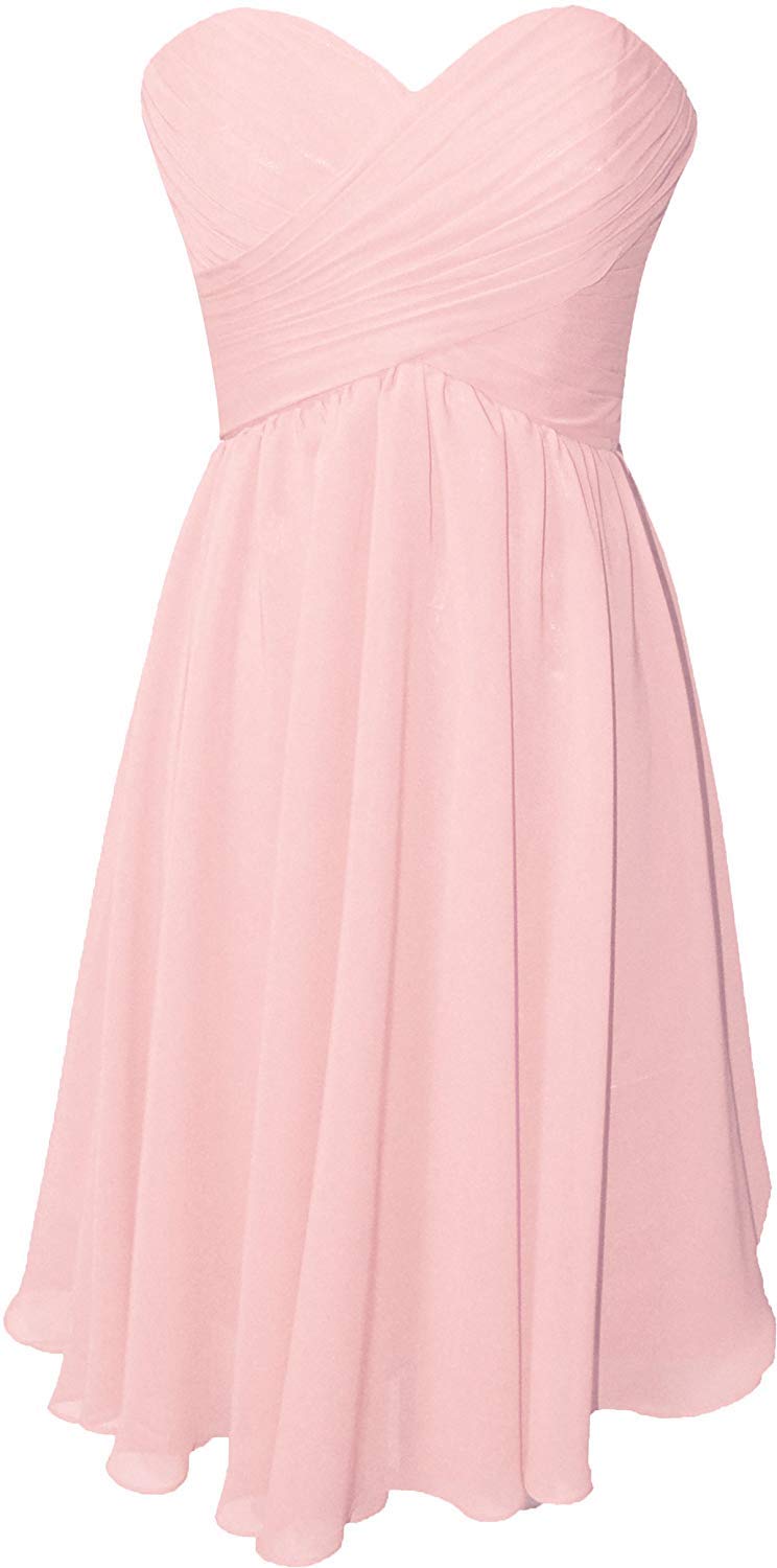 OkayBridal Women's Strapless Sweetheart Chiffon Bridesmaid Dress - Knee Length Formal Party Gown with Pleated Skirt in Blush Pink (Size 10) | Perfect for Weddings, Proms, Cocktail Parties & Special Occasions