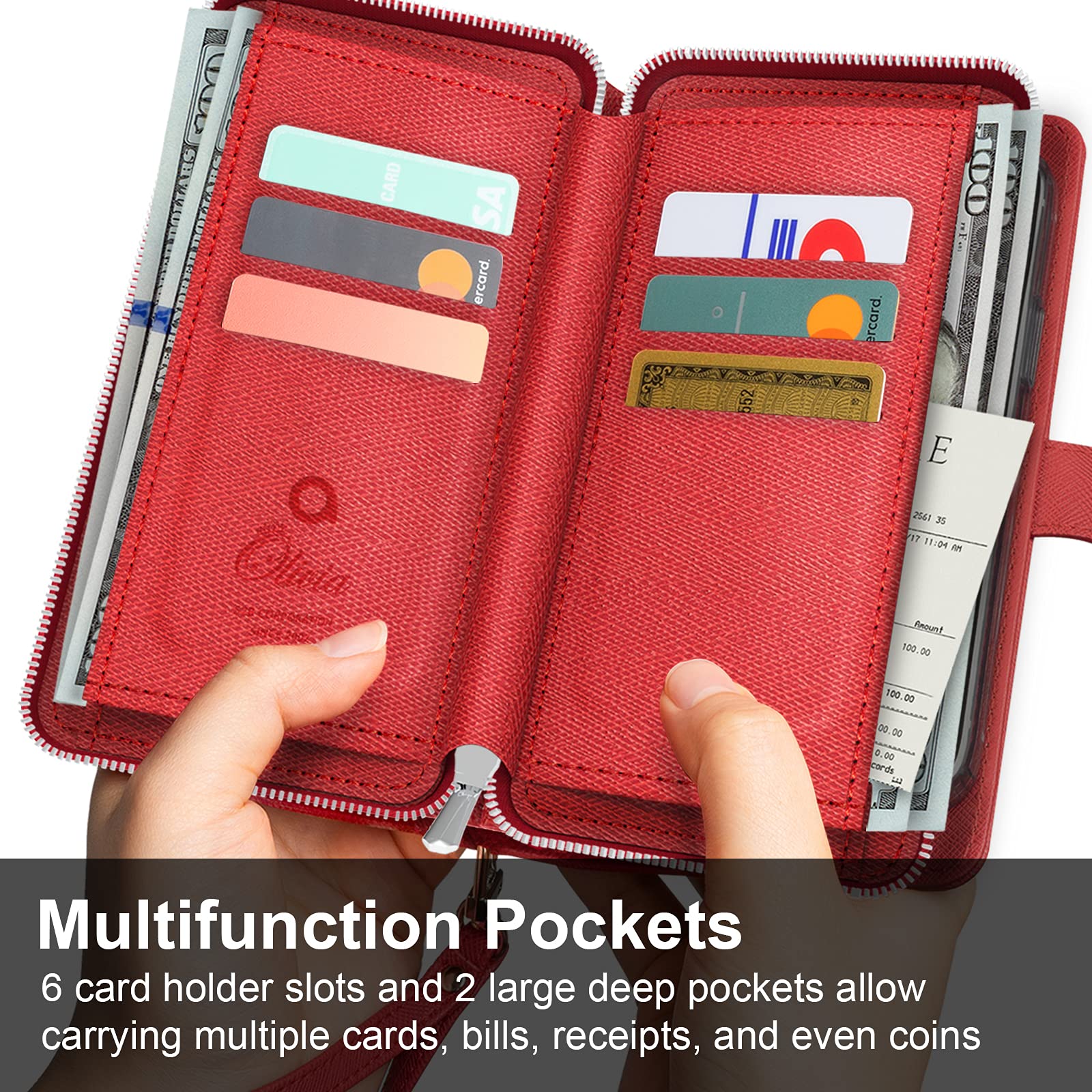 JUST4YOU iPhone 13 Wallet Case with Zipper & Strap - Premium PU Leather Flip Cover Folio with Card Holder (Red) - Perfect for Travel, Work & Everyday Protection