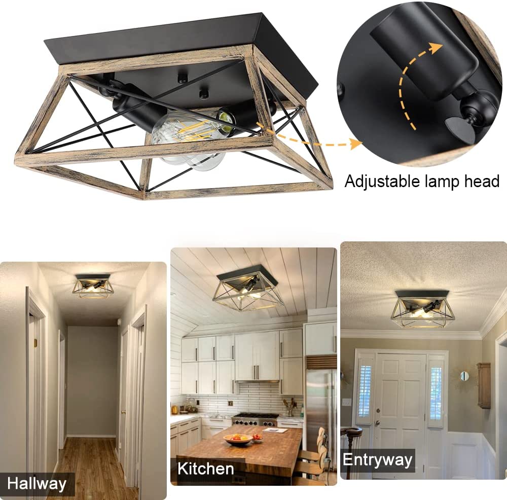 DLLT Industrial Flush Mount Ceiling Light Fixture - 2-Light Square Farmhouse Close-to-Ceiling Lamp - Rustic Metal & Wood/Black Finish - E26 Base - Perfect for Kitchen, Bedroom, Dining Room, and Farmhouse Decor