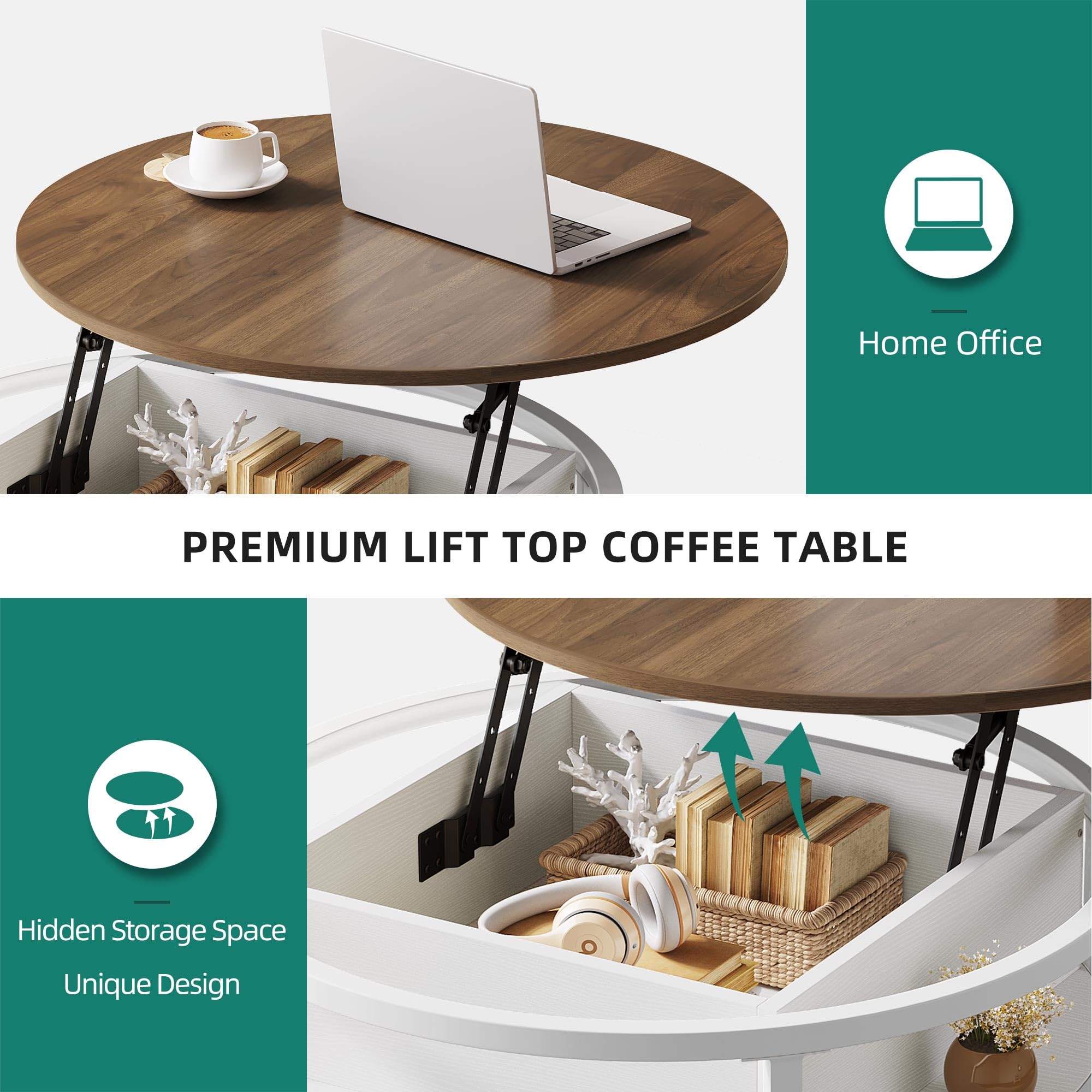 YITAHOME Round Lift Top Coffee Table with Hidden Storage - Modern Living Room & Home Office Center Table in Brown & White - Perfect for Small Spaces, Entertaining, and Stylish Storage Solutions