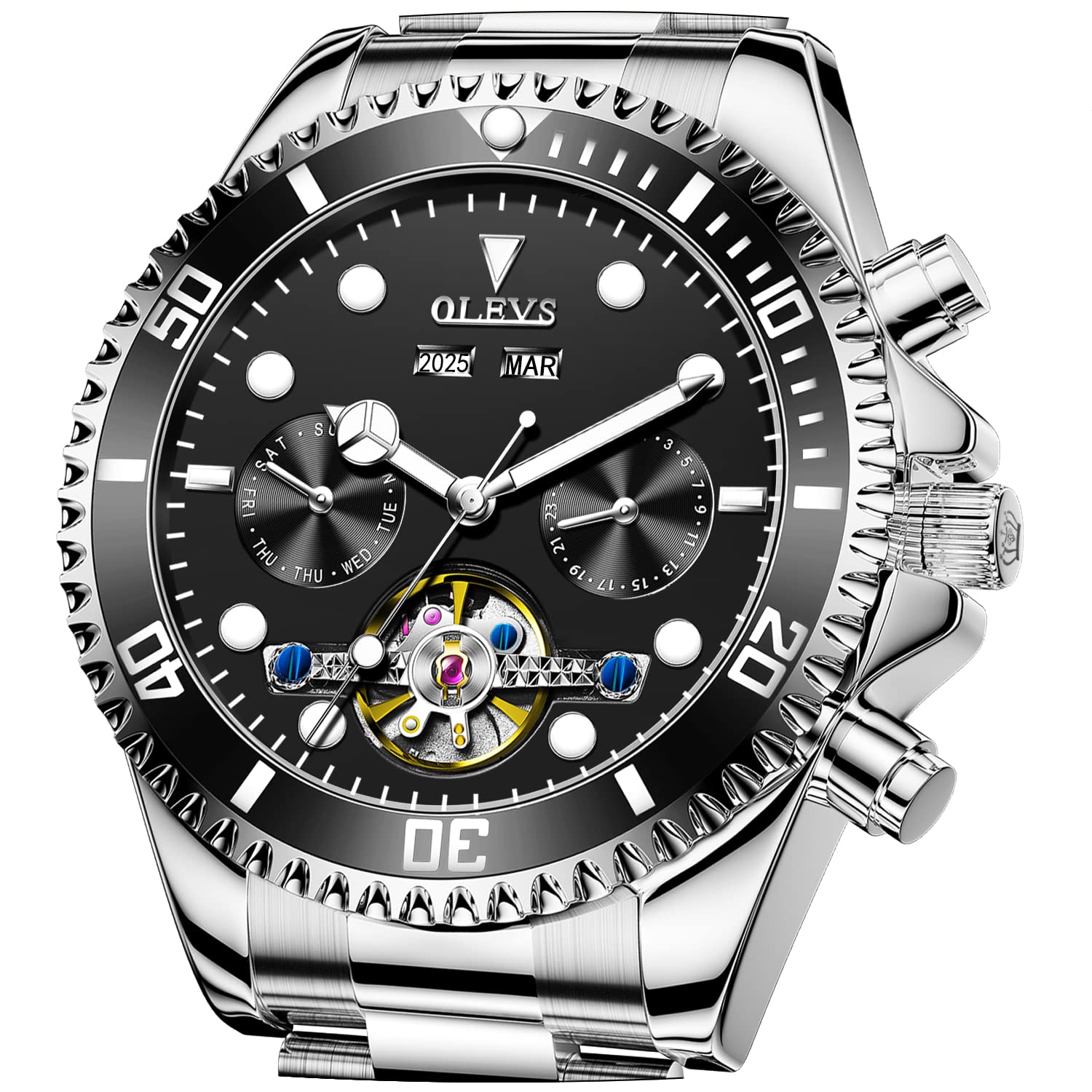 OLEVS Men's Automatic Mechanical Watch - Luxury Business Dress Self-Winding Gold/Silver Skeleton Stainless Steel Waterproof Luminous Wristwatch for Formal Events & Daily Wear