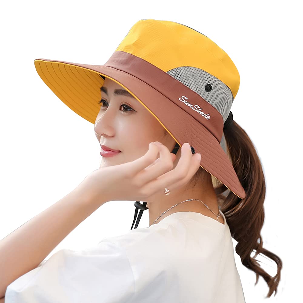 Tutuko Women's Wide Brim Sun Hat - UPF 50+ UV Protection, Foldable Bucket Hat with Ponytail Hole & Breathable Mesh for Beach, Fishing, Outdoor Activities