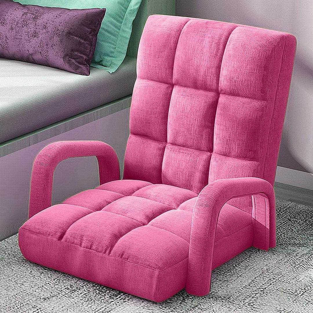 2X Foldable Lounge Cushion - Adjustable Floor Recliner Chair with Armrest, Pink - Perfect for Living Room, Bedroom, Patio & Outdoor Relaxation