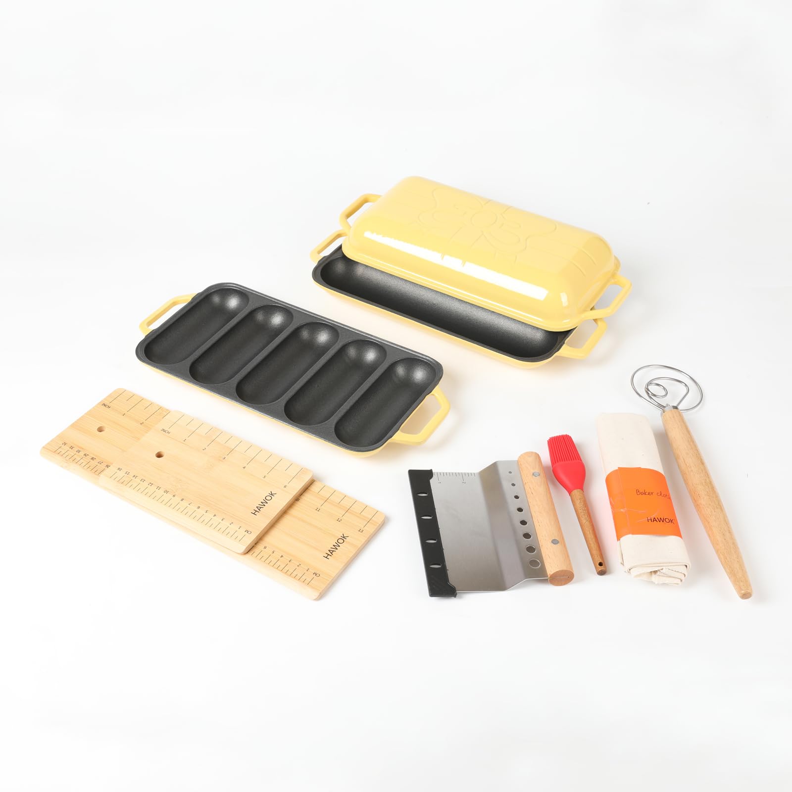 HAWOK Enameled Cast Iron French Baguette Baker Set - 2 Baking Trays, Lid, Transfer Boards & Baking Tools for Perfect Bread, Hot Dogs & Pastries | Ideal for Home Baking, Restaurants & Artisan Bread Making
