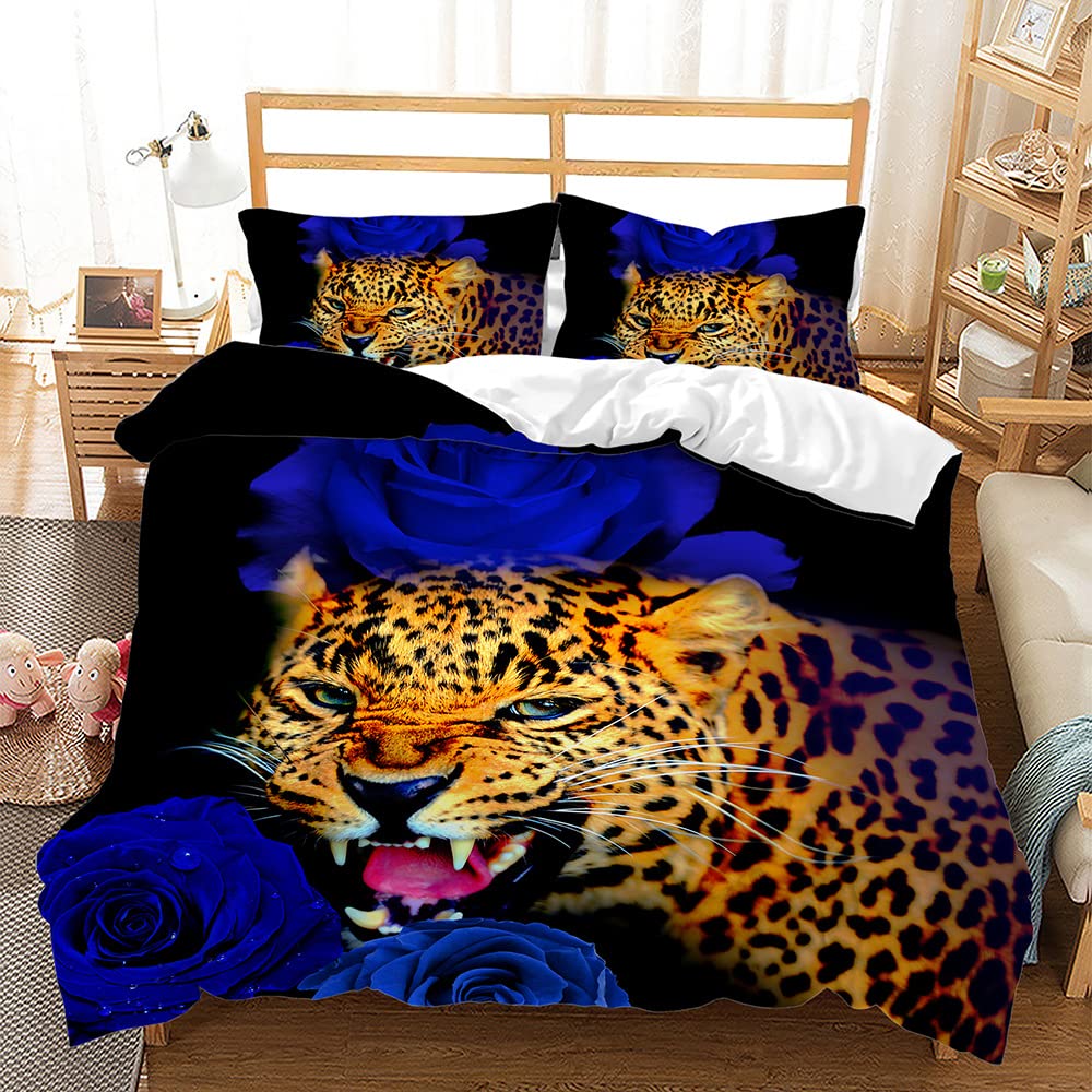 YHXSLY Leopard Print Duvet Cover Set - African Animal Cheetah Pattern with Blue Rose Design, Queen/King Size Bedding Set with Pillowcases - Perfect for Boys, Women & Jungle-Themed Bedrooms