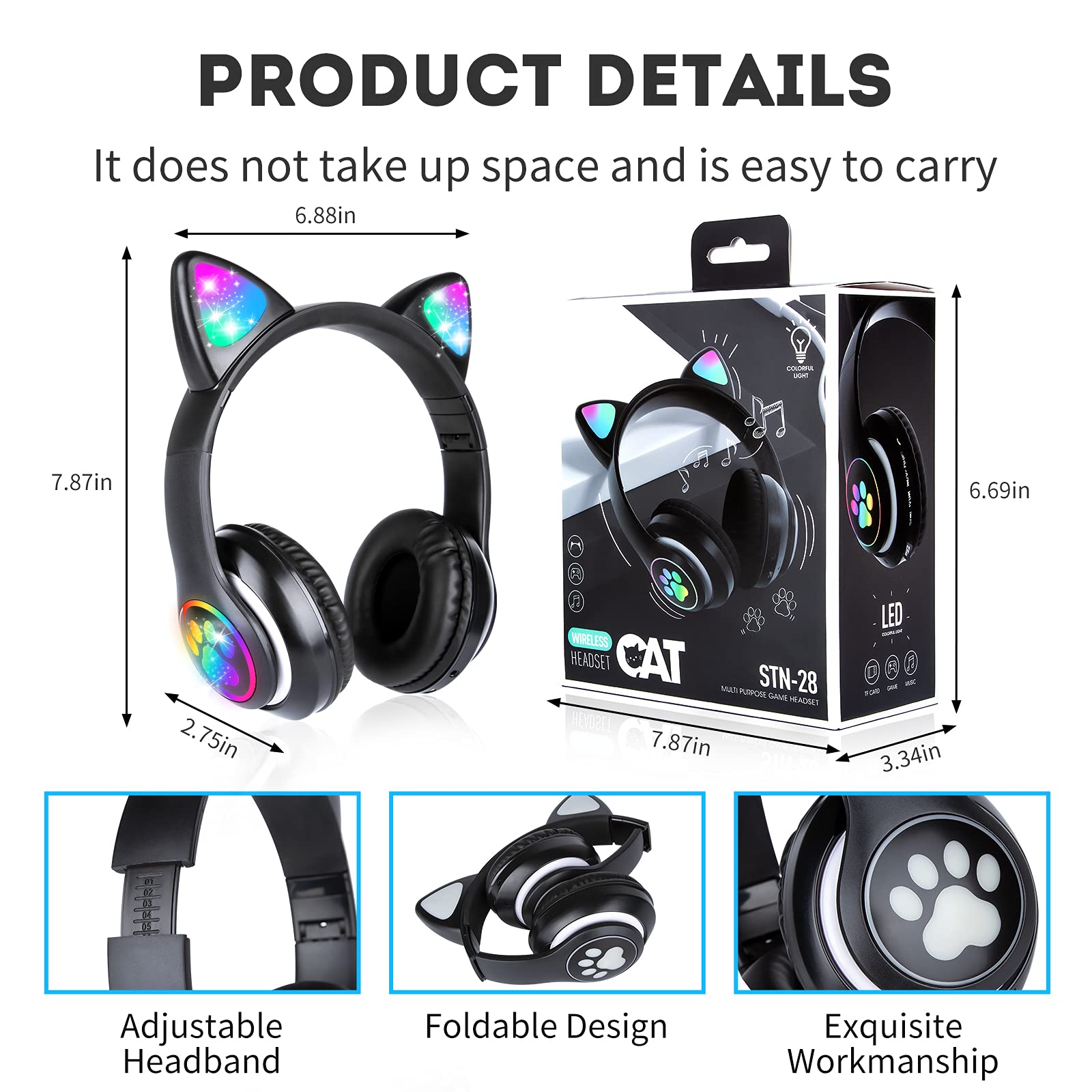 Wireless Cat Ear LED Bluetooth Headphones for Kids - Foldable Over-Ear Adjustable Headset with Microphone, Stereo Sound, Light Up Feature - Perfect Gift for Cat Lovers (Black) - Great for Gaming, Music, Online Classes & Travel