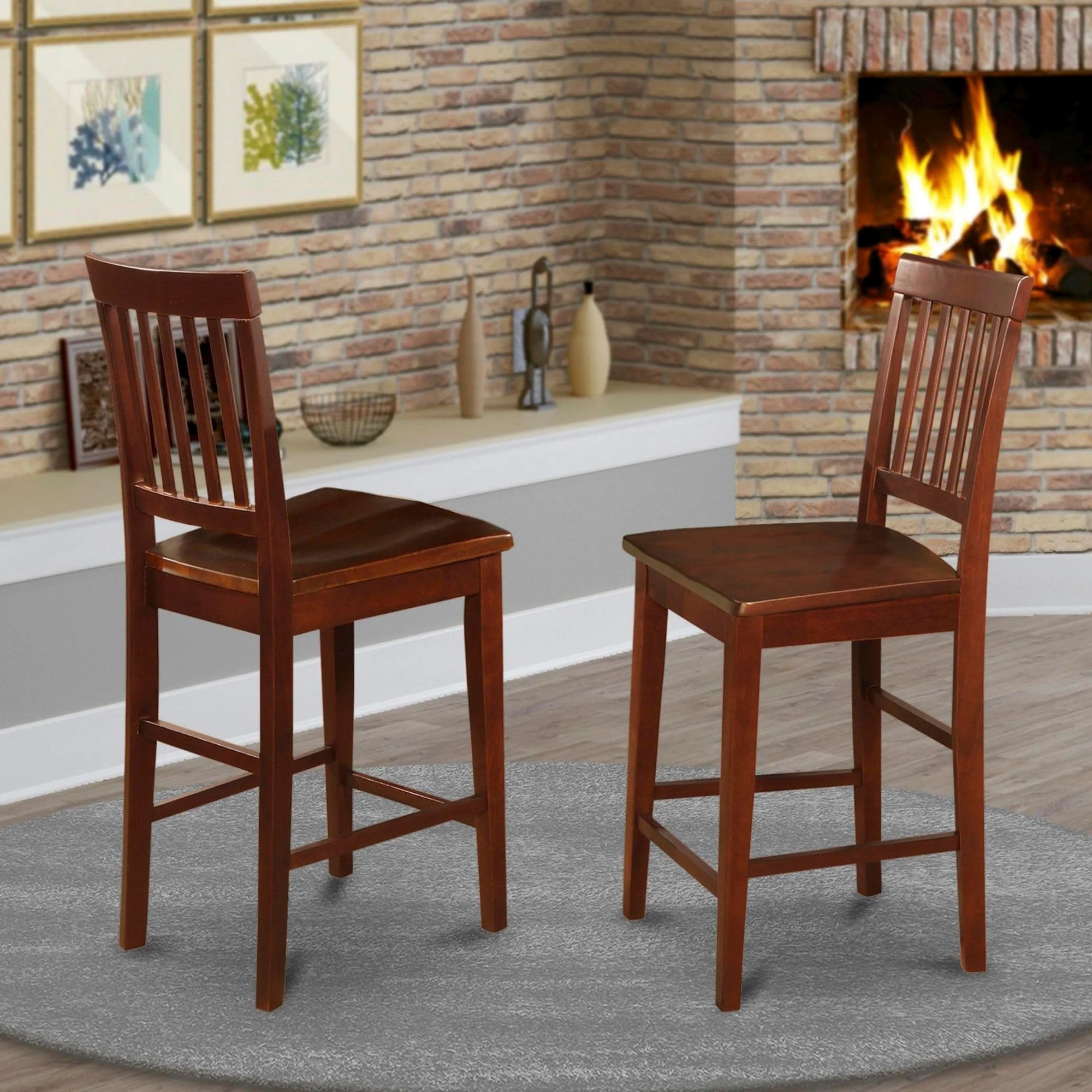 East West Furniture Vernon Modern Counter Stool - Set of 2 Mahogany Wooden Pub Height Bar Stools for Kitchen Island, Breakfast Nook & Home Bar