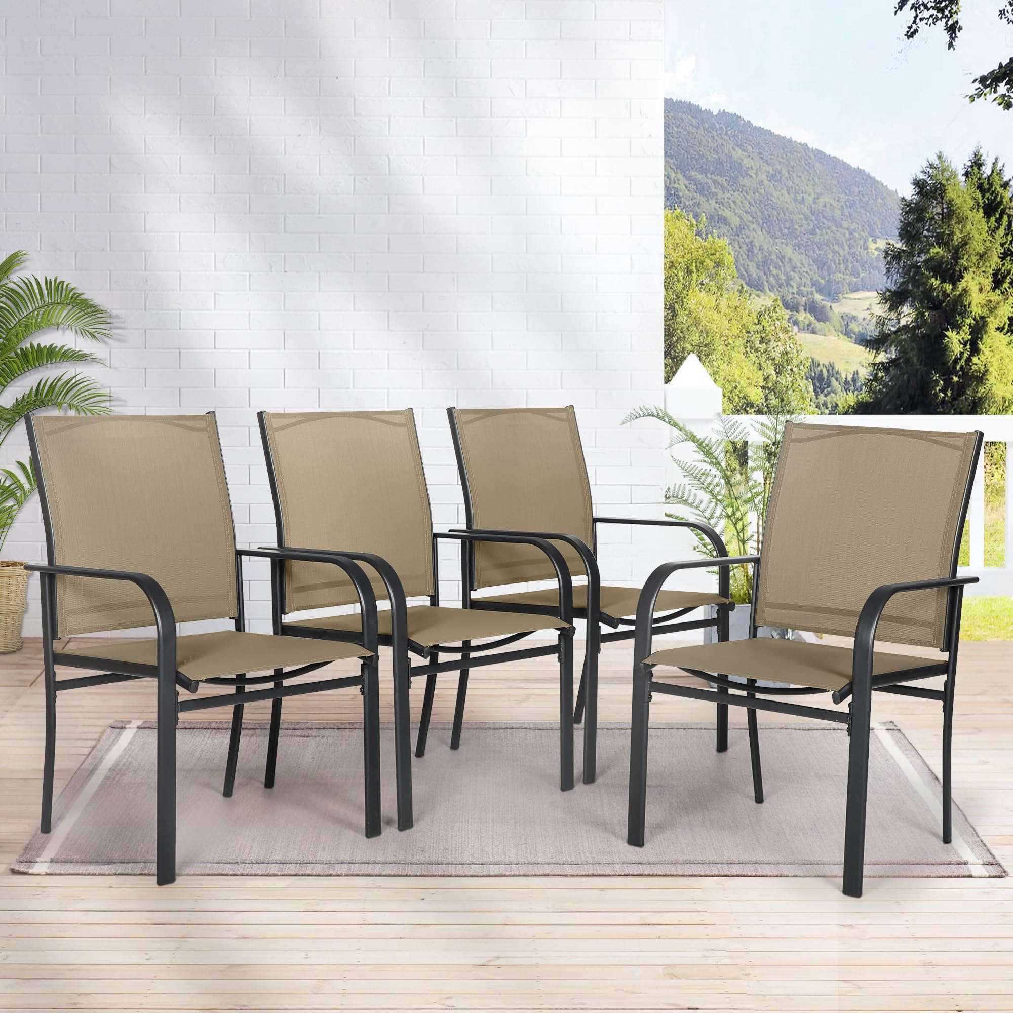4-Piece Outdoor Wrought Iron Dining Chairs Set - Textilene High Back Patio Chairs with Armrests, Durable Metal Frame Furniture for Yard, Backyard, Lawn & Poolside - Perfect for Outdoor Dining, BBQs & Garden Parties (Brown)