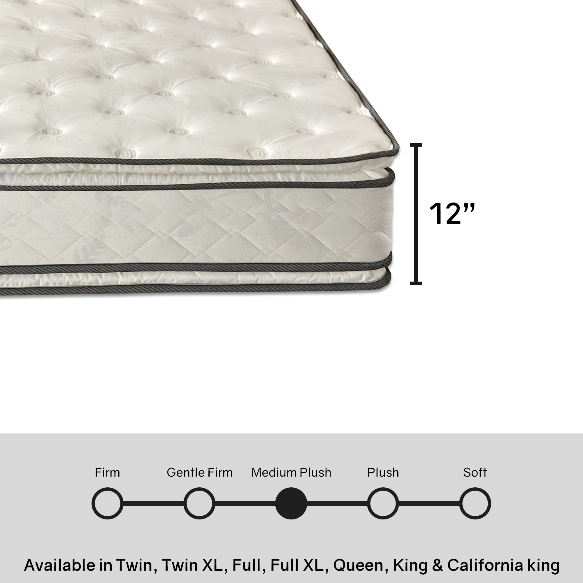 12-Inch Medium Plush Double-Sided Pillowtop Innerspring Mattress - Full XL Size for Bedroom & Guest Room - Mattress Solution with Motion Isolation & Edge Support