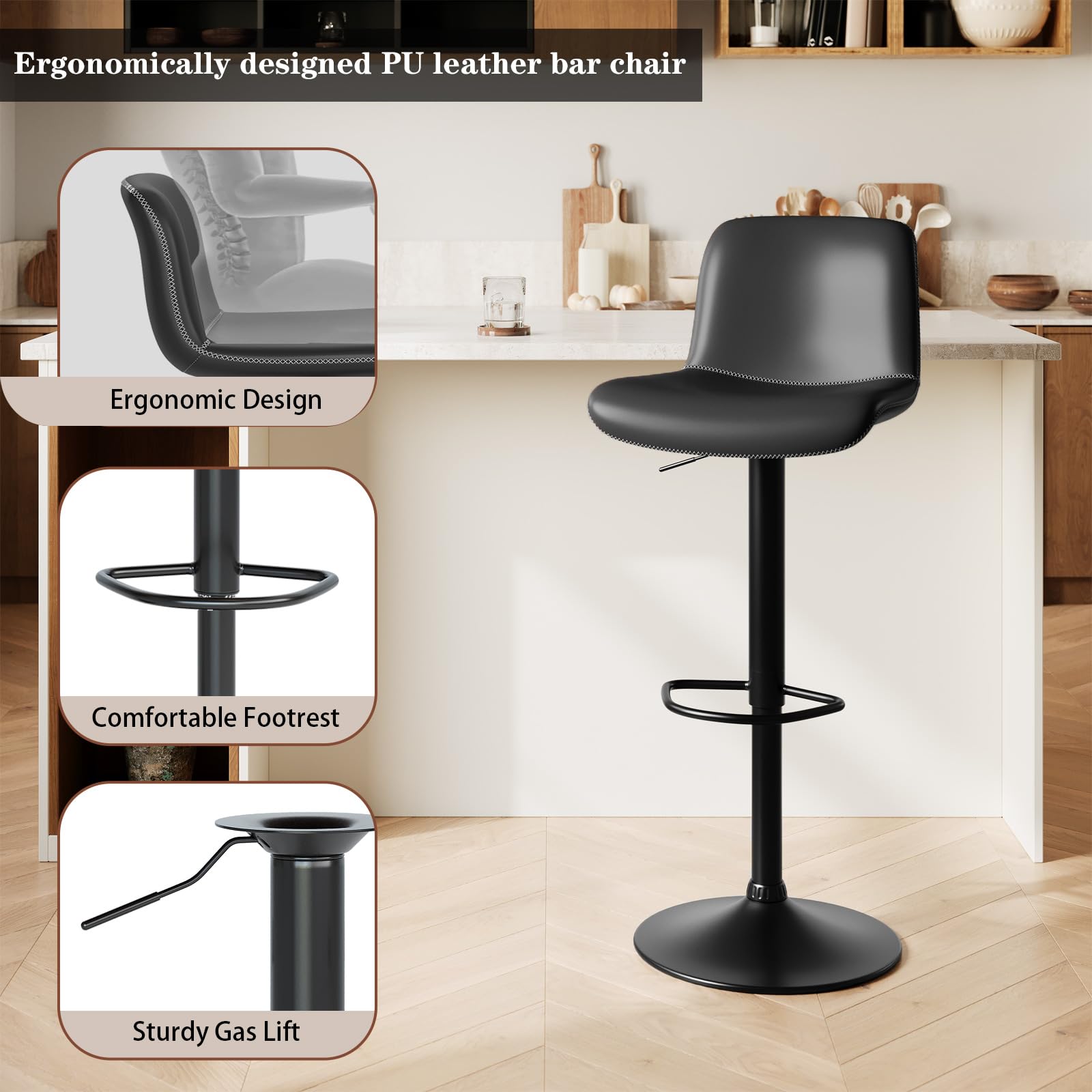CuisinSmart Adjustable Swivel Bar Stools Set of 2 - Modern Upholstered Counter Height Bar Chairs with Footrest & Backrest - Perfect for Kitchen Island, Home Bar, Breakfast Nook & Dining Room - Black