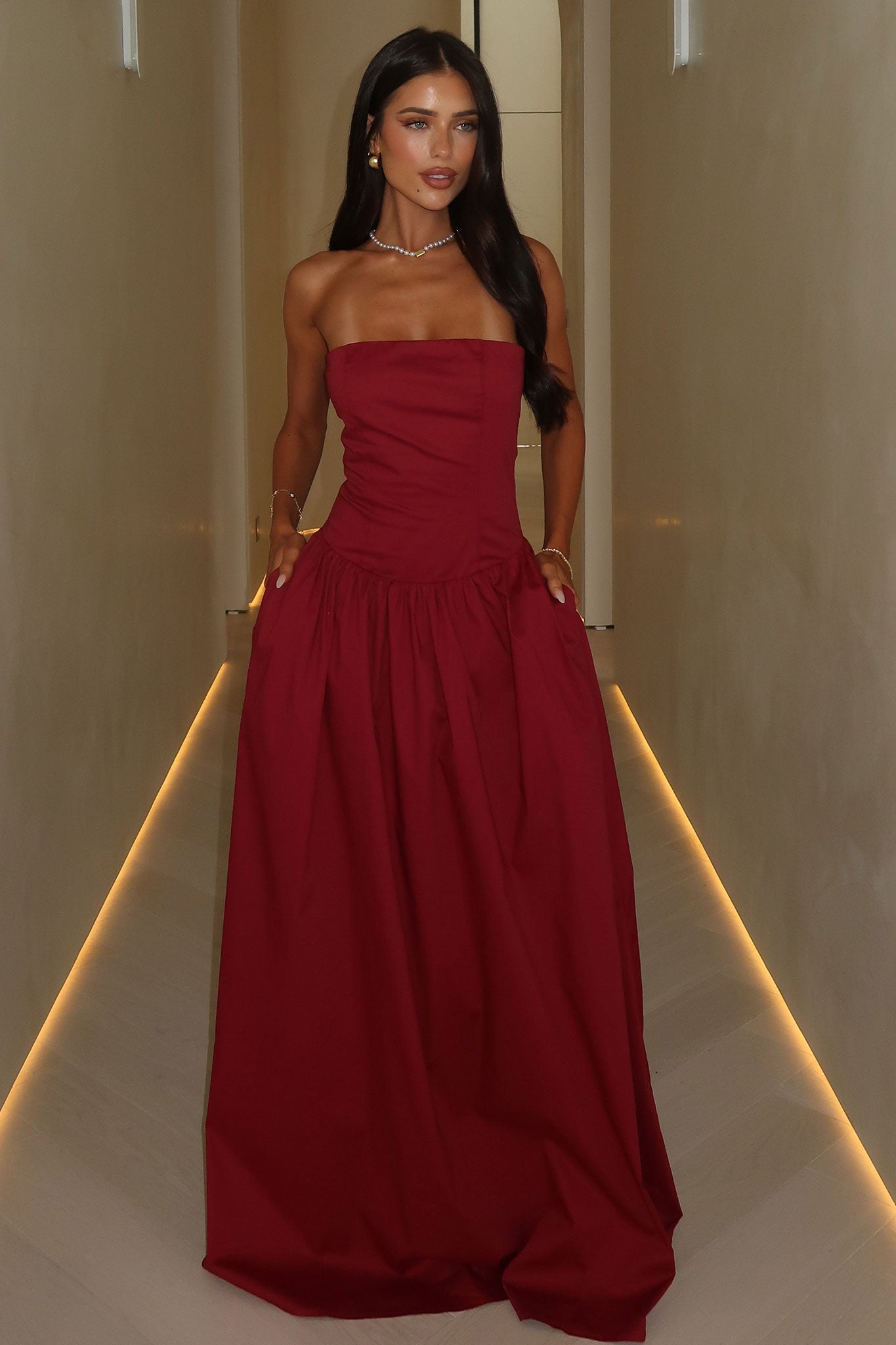 Iridessa Strapless Maxi Dress - Burgundy Red Long Formal Gown for Women | Perfect for Weddings, Parties & Evening Events