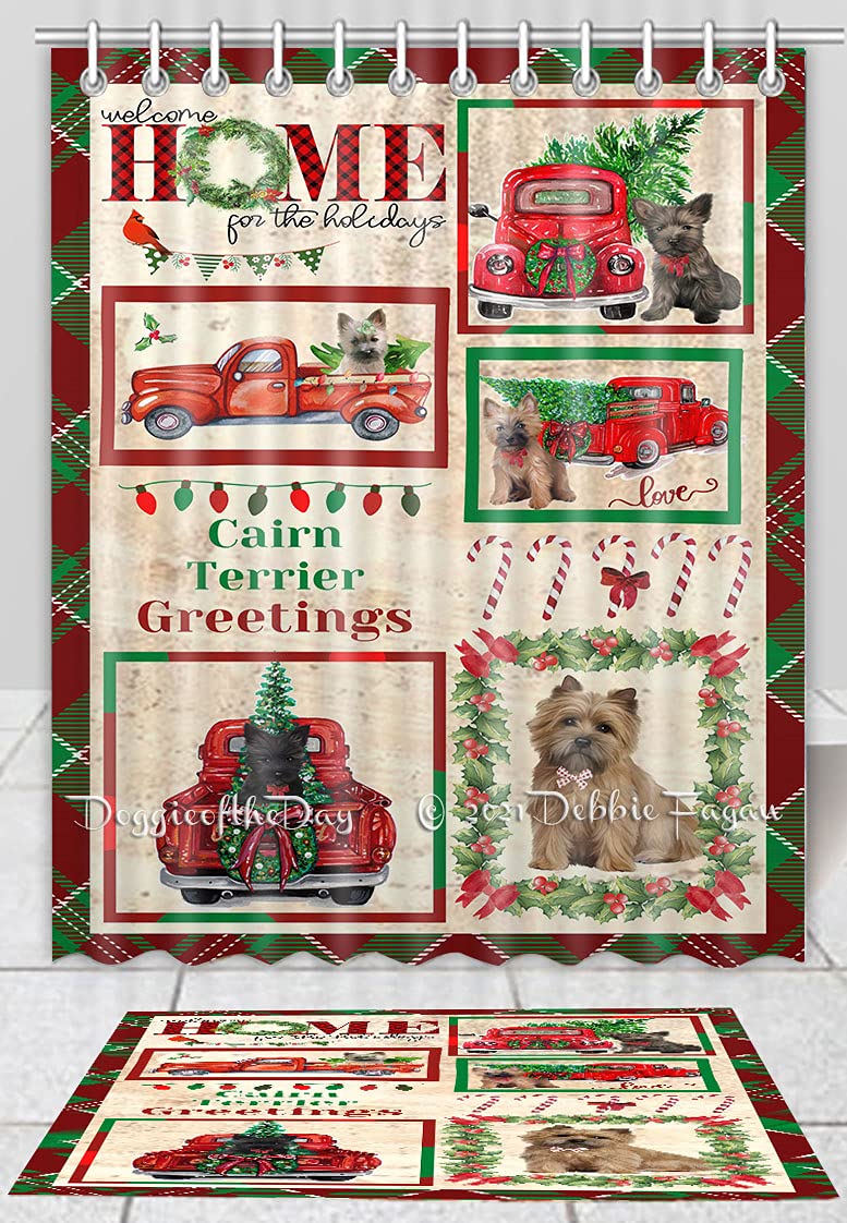 Christmas Cairn Terrier Dog Shower Curtain & Bath Mat Set - Anti-Slip Polyester Bathroom Decor with Hooks (16