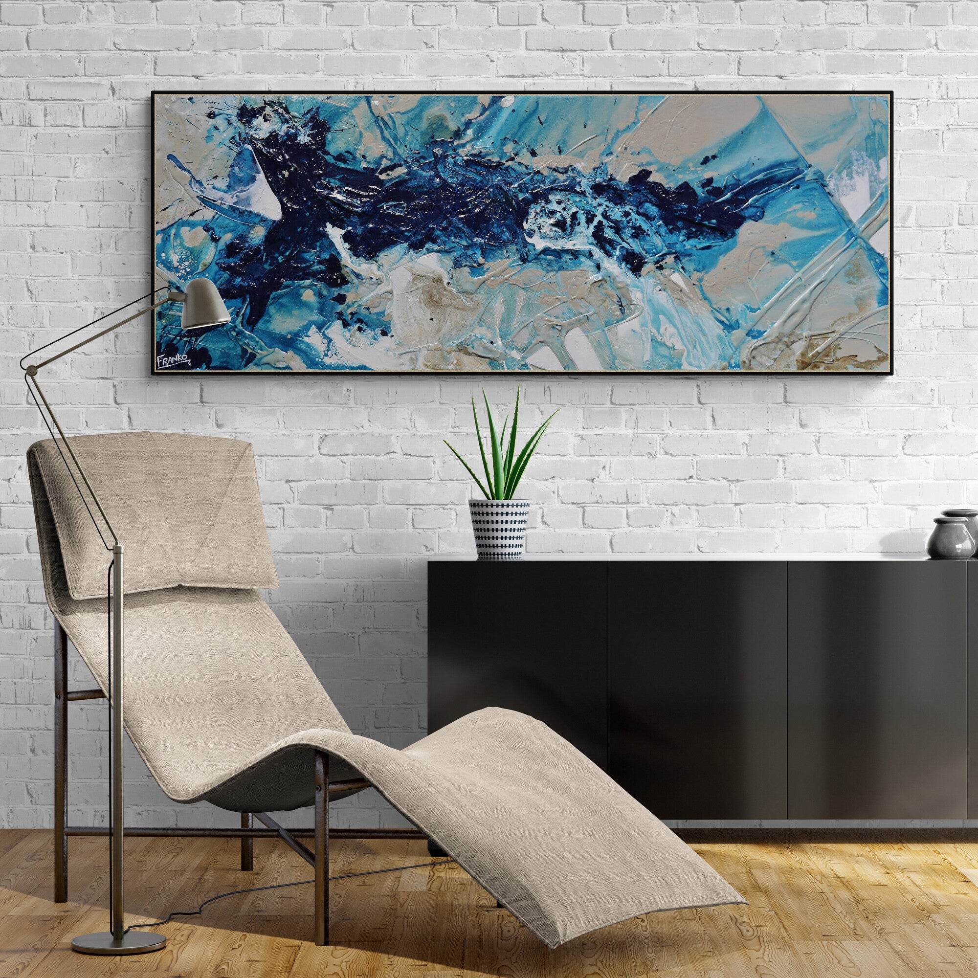 Navy Blue and White Textured Abstract Painting - 63 x 24 Inches (160x60cm) - Modern Wall Art for Living Room, Bedroom, or Office Decor