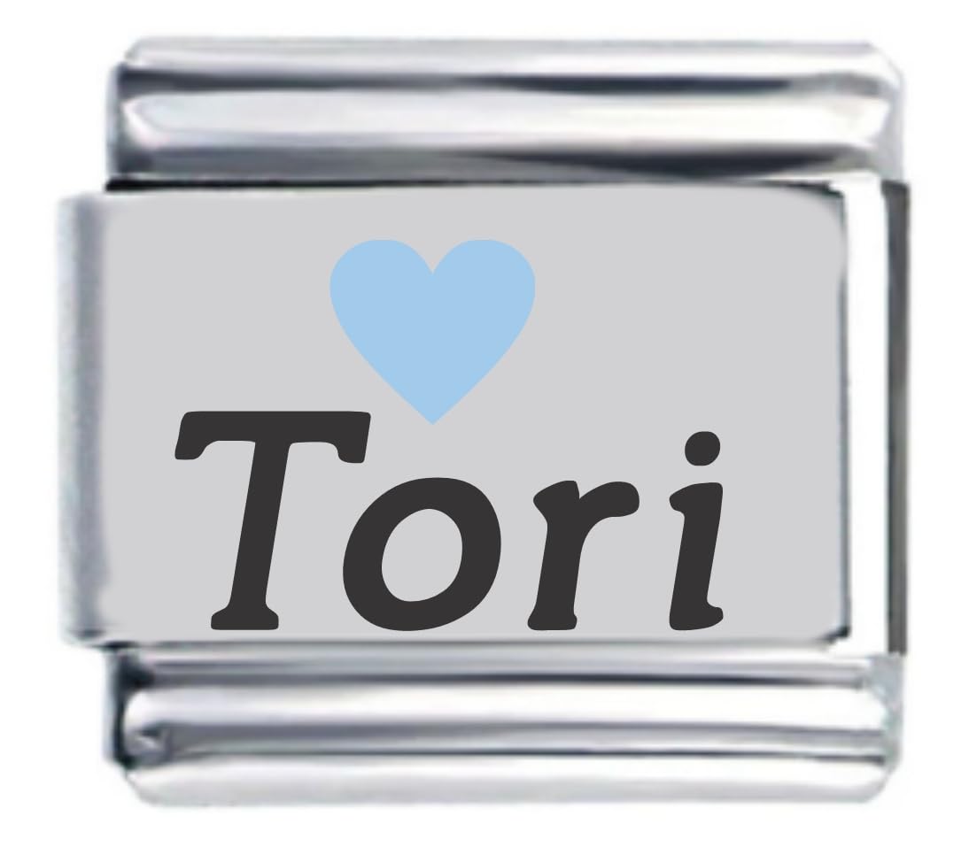 Tori Light Blue Heart Laser Name Italian Charm Link Bracelet - Perfect for Gifts, Friendship Jewelry & Personalized Accessories