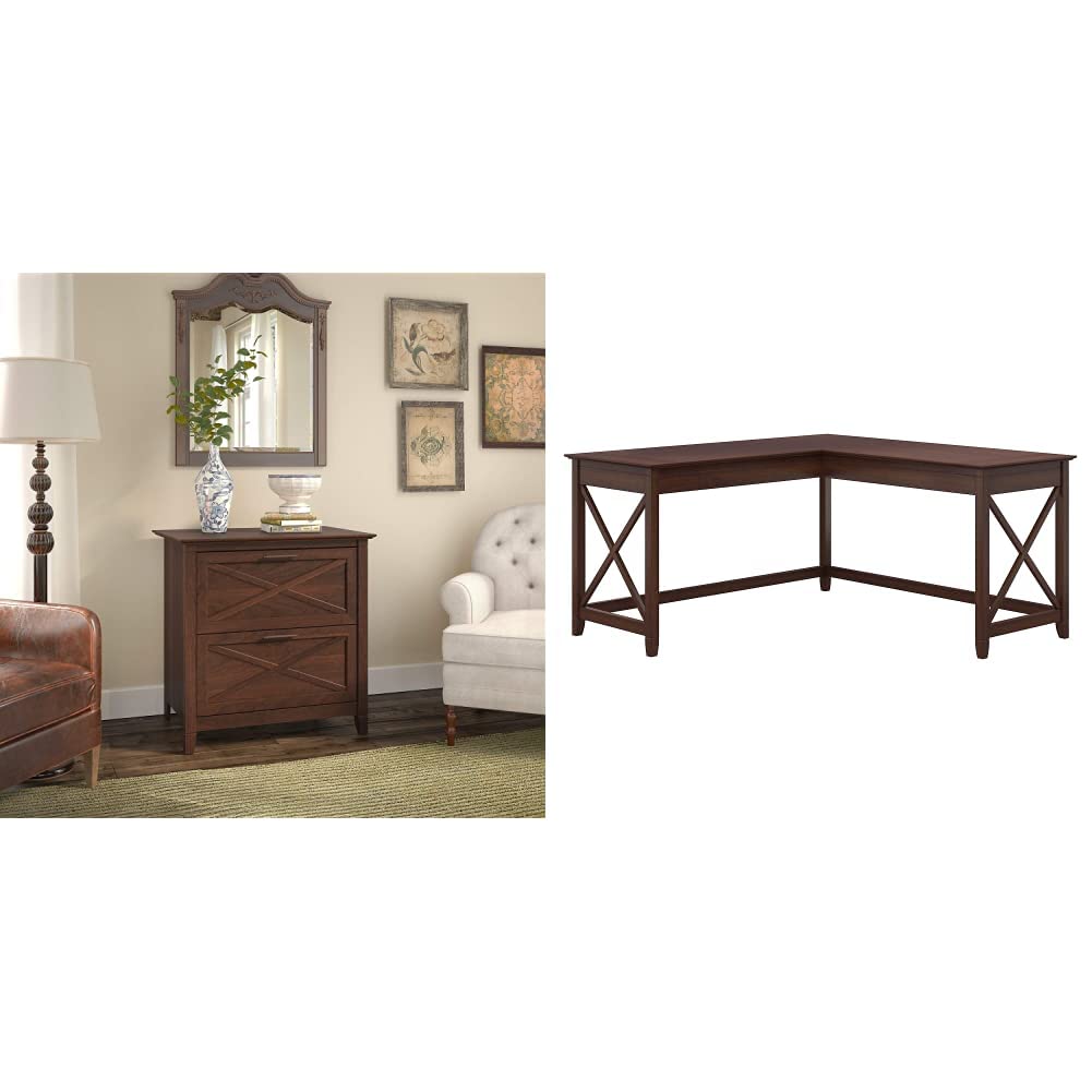 Bush Furniture Key West 2-Drawer Lateral File Cabinet & 60W L-Shaped Desk Set in Bing Cherry Finish - Home Office Storage Solution & Workspace for Small Spaces
