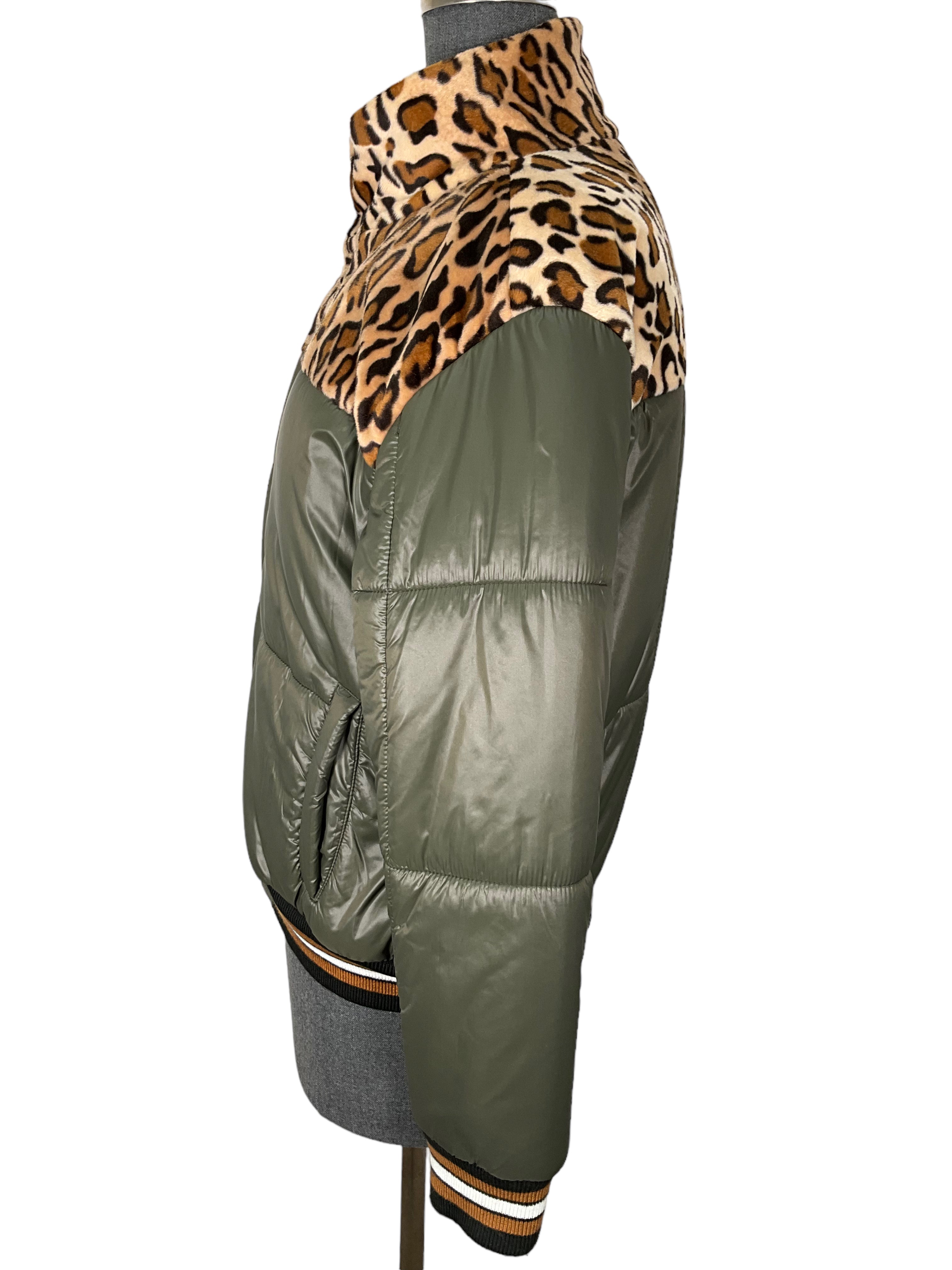 Stylish Olive & Cheetah Print Puffer Jacket - Women's Size S | Winter Fashion Outerwear for Casual Wear & Outdoor Activities