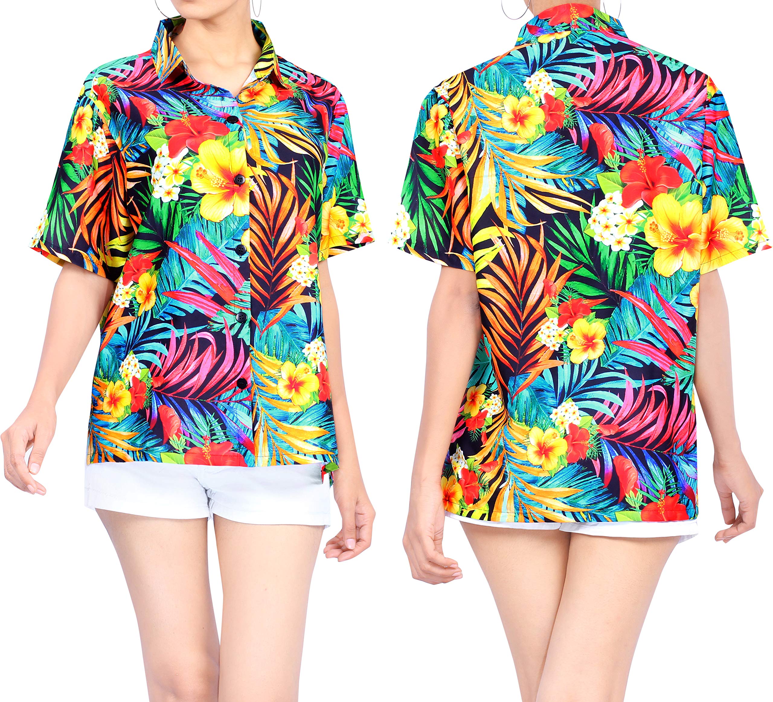 Happy Bay Women's Short Sleeve Hawaiian Shirt - Floral Print Vacation Blouse for Beach, Summer & Tropical Party Wear