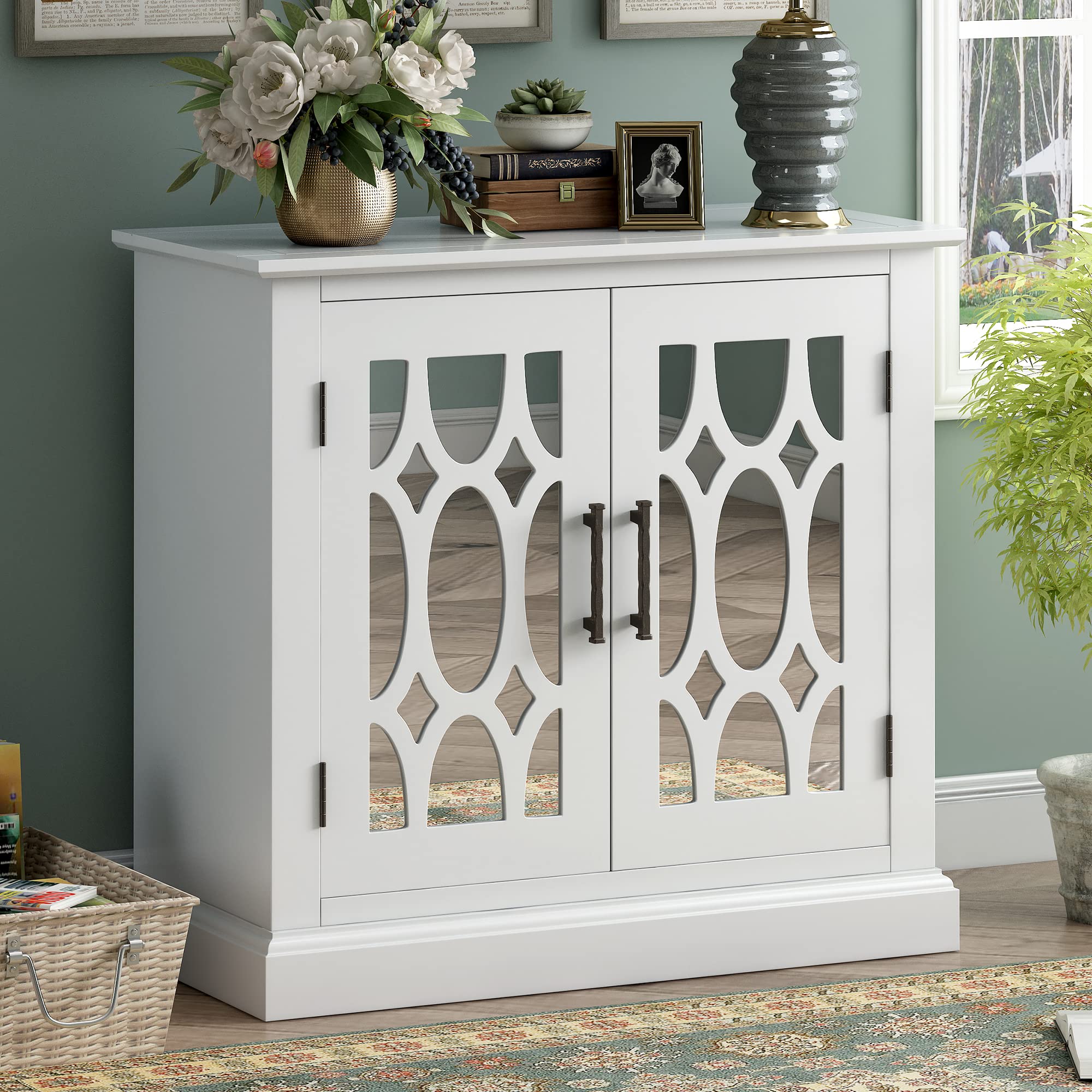 Farmhouse Storage Cabinet with 2 Mirrored Doors - White Accent Table & Decorative Buffet Sideboard for Entryway, Hallway & Dining Room | Perfect for Home Organization & Rustic Decor