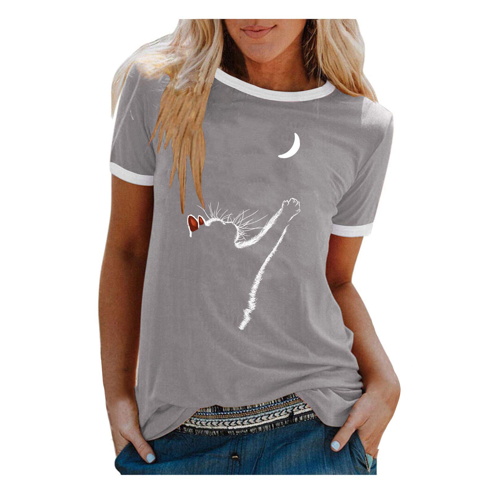 Women's Classic Short Sleeve Crewneck Cat Print Blouse - Professional & Creative T-Shirt for Work, Casual Wear & Everyday Outfits