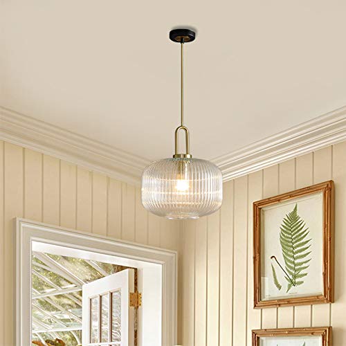 Gold Ribbed Glass Pendant Light with Handle - 8 Inch Contemporary Ceiling Light for Kitchen Island, Dining Room, or Bedroom Decor