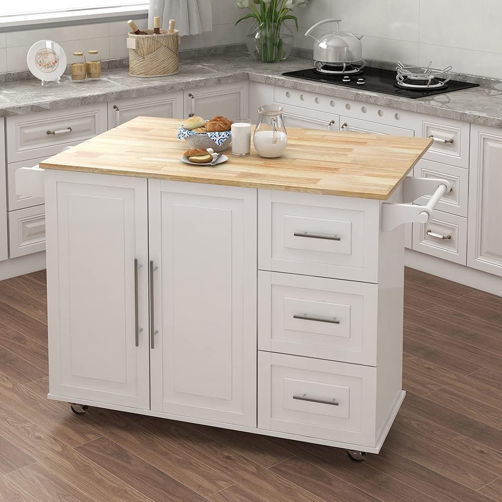 Upgraded Thick Wood Kitchen Island Cart with Wheels & Drop-Leaf Top - Large Folding Extendable Dining Table Cart with Storage Cabinet & 3 Drawers (White) | Perfect for Small Kitchens, Breakfast Nooks & Entertaining Guests