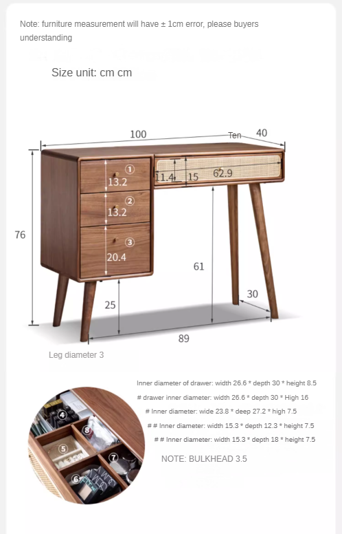 Premium Black Walnut Solid Wood Rattan Vanity Dressing Table - Elegant Makeup Desk with Mirror for Bedroom, Bathroom & Boudoir Organization