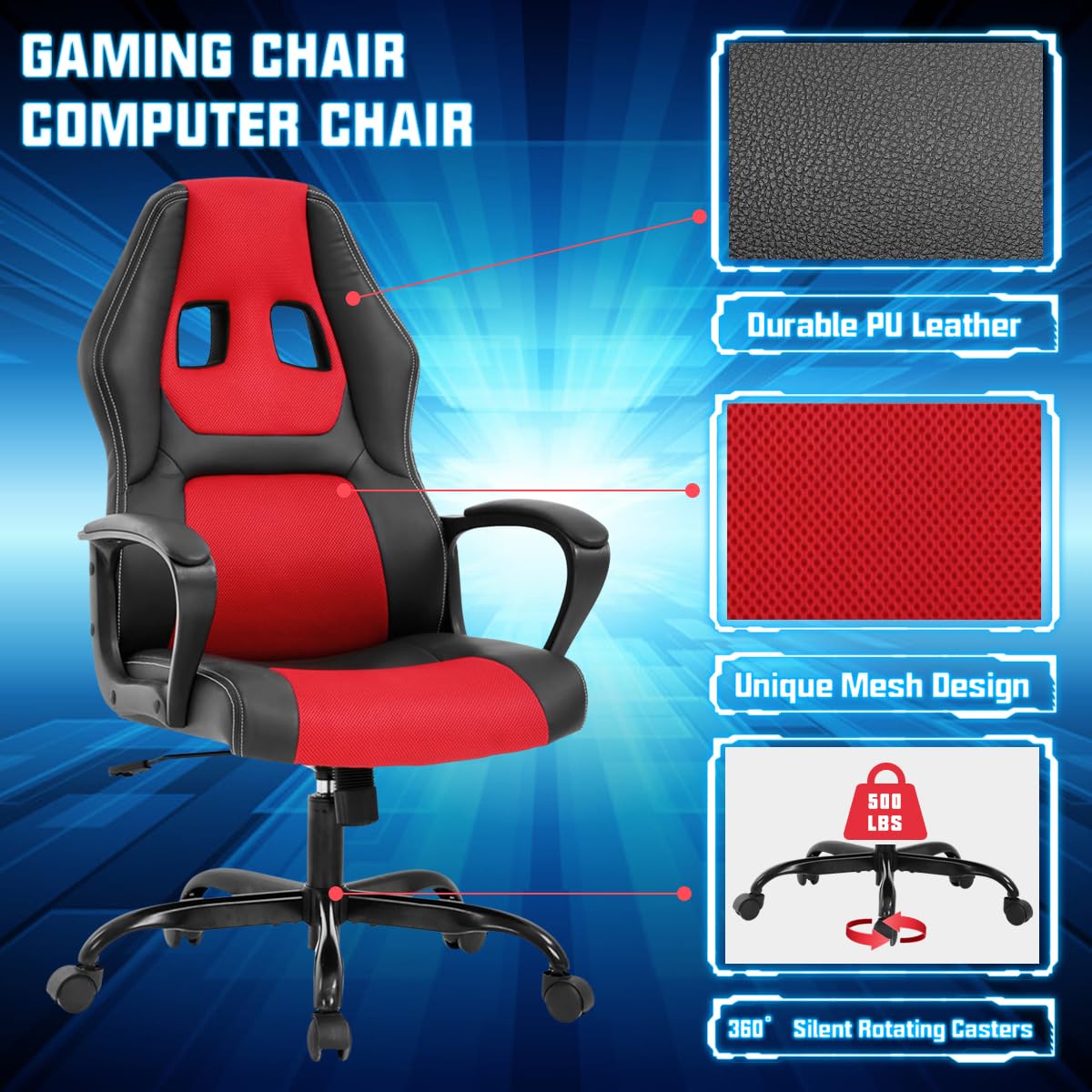 Ergonomic Gaming Chair for Adults & Teens - High Back PU Leather PC Computer Office Chair with Lumbar Support, Adjustable Height & 360° Swivel - Perfect for Gaming, Work & Study (Red)