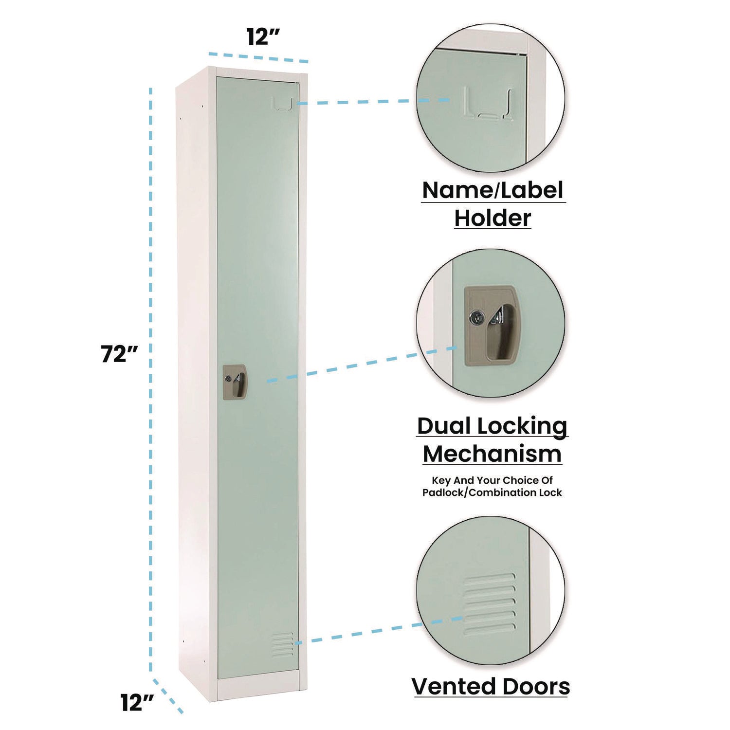Steel Storage Locker with 1 Compartment - 12x12x72 Inches, Misty Green - Perfect for Office, School, Gym & Home Organization
