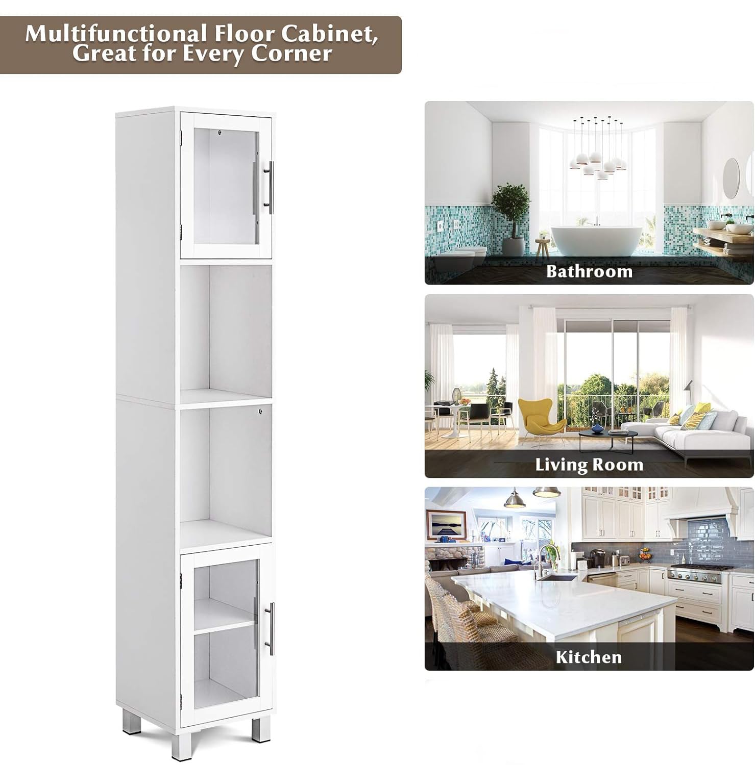 GLACER White Bathroom Storage Cabinet - 71 Inch Tall Kitchen Floor Cabinet with 2 Open Shelves & Tempered Glass Doors - 13x12x71 Inches Organizer for Bath Towels, Toiletries & Cleaning Supplies - Perfect for Small Bathrooms, Laundry Rooms & Kitchen Storage