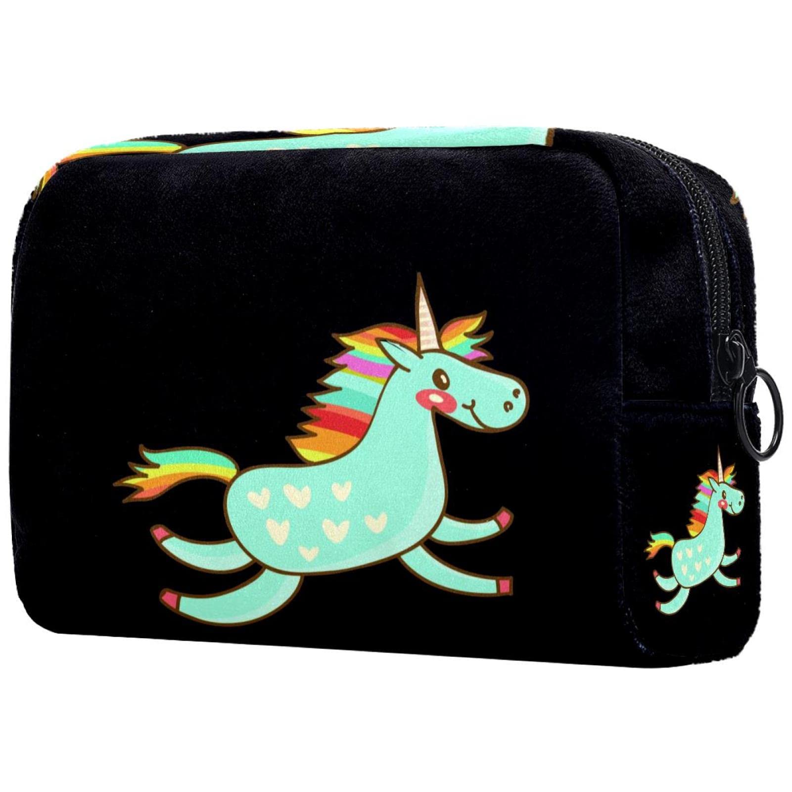 Rainbow Unicorn Cute Black Cosmetic Bag for Women | Waterproof Travel Makeup Organizer | Roomy Toiletry Pouch for Gym, Vacation & Daily Use